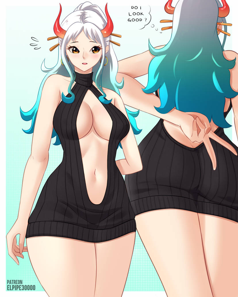 1girls ass black_sweater breasts brown_eyes earrings elpipe3000 english_text green_hair hair_ornament hoop_earrings horns large_breasts looking_at_viewer multicolored_hair one_piece ponytail sweater text text_bubble virgin_killer_sweater white_hair yamato_(one_piece)