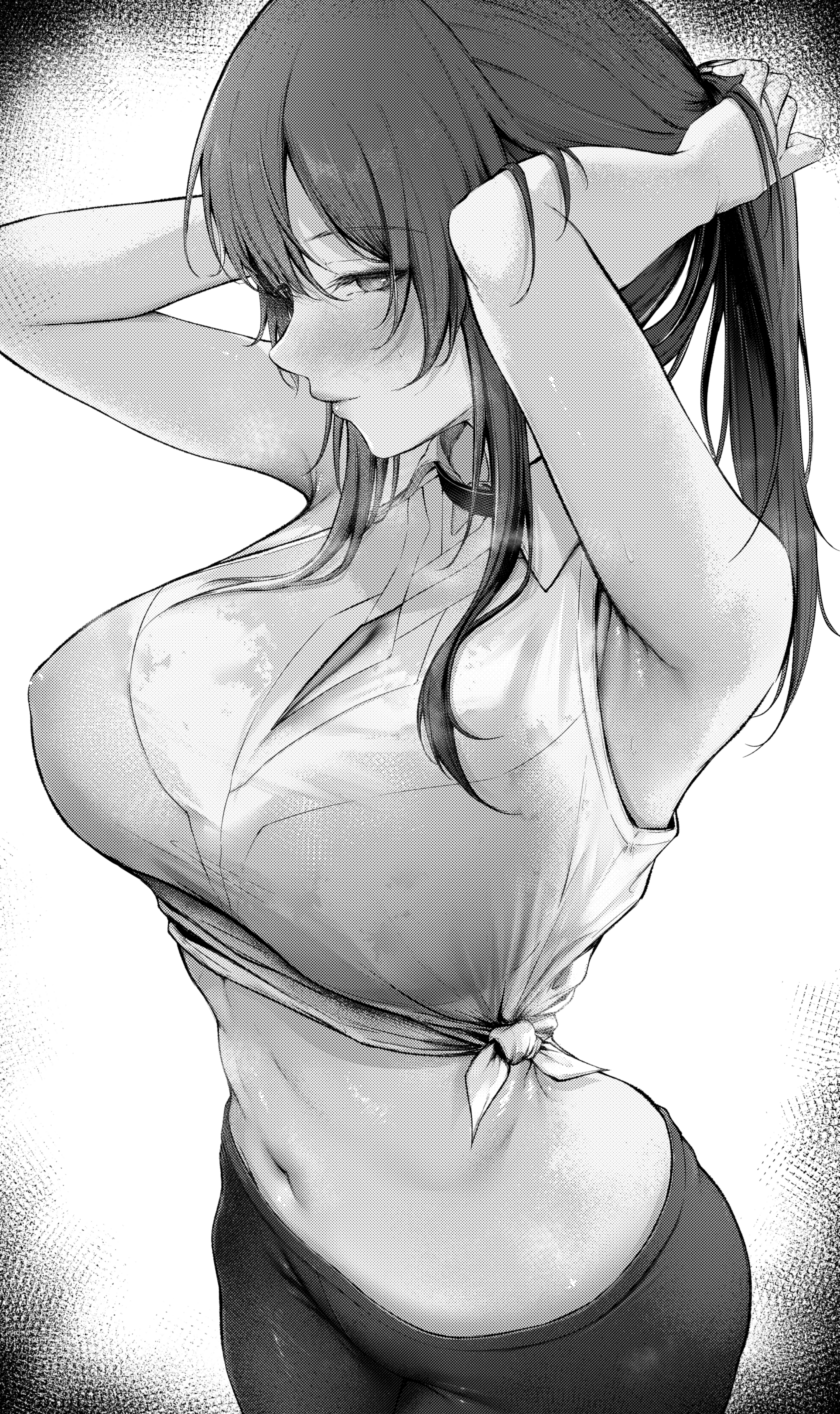 1girls, absurd res, absurdres, arms up, blush, breasts, cleavage, cleavage cutout, female, female only, hi res, highres, honkai (series), honkai: star rail, iced tea u, kafka (honkai: star rail), long hair, mihoyo, monochrome, solo, solo female, standing, stomach