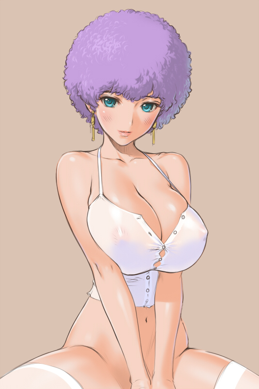 afro aqua_eyes blue_eyes blush bottomless breasts dragon_ball dragon_ball_(classic) earrings female huge_breasts jewelry large_breasts lingerie no_panties purple_hair ranfan sano_toshihide thighhighs uncensored underwear