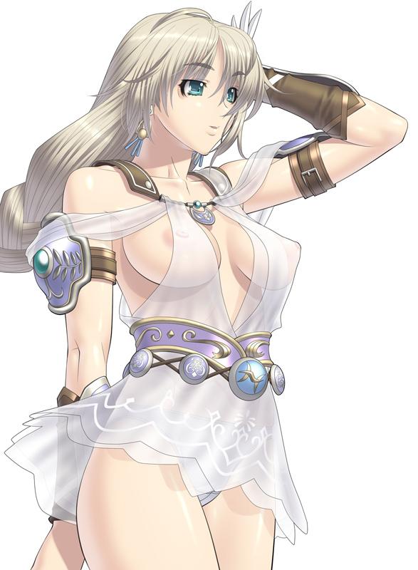 aqua_eyes areolae blonde_hair breasts female female_only human human_only kansuke milf miniskirt nipples panties pointy_chin see-through skirt solo sophitia_alexandra soul_calibur soul_calibur_iv underwear white_background