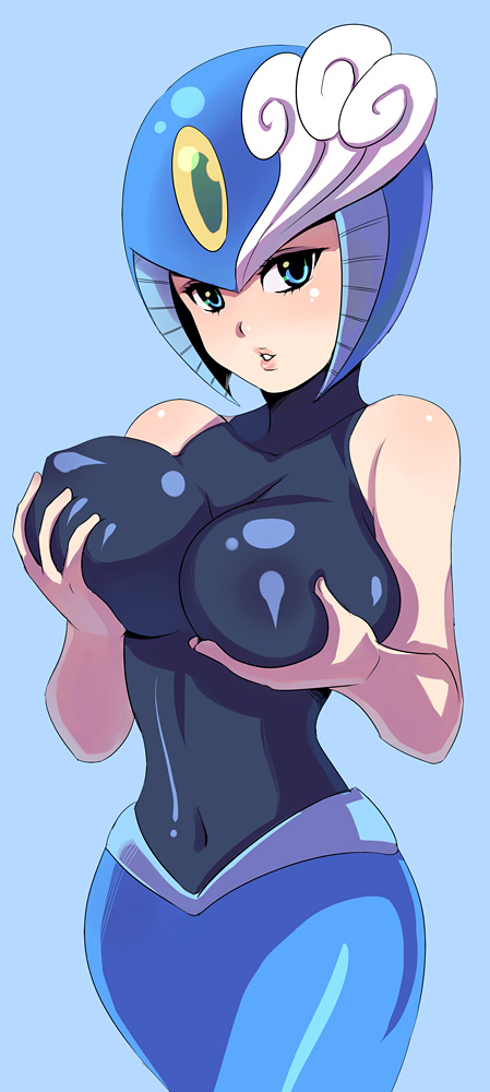 1girls 5_fingers alternate_breast_size alternate_costume alternate_outfit areola areolae bare_shoulders belly belly_button big_breasts blue_background blue_eyes breast_grab breast_hold breast_squeeze breasts capcom cleavage clothed clothes clothing covered_navel erect_nipples eyelashes female female_only helmet hips humanoid jiayulong large_breasts lips looking_at_viewer mega_man mega_man(classic) navel nipple_bulge nipples pose posing robot robot_girl seductive seductive_eyes seductive_look simple_background skin_tight solo solo_female splash_woman thick thick_thighs thighs voluptuous wide_hips