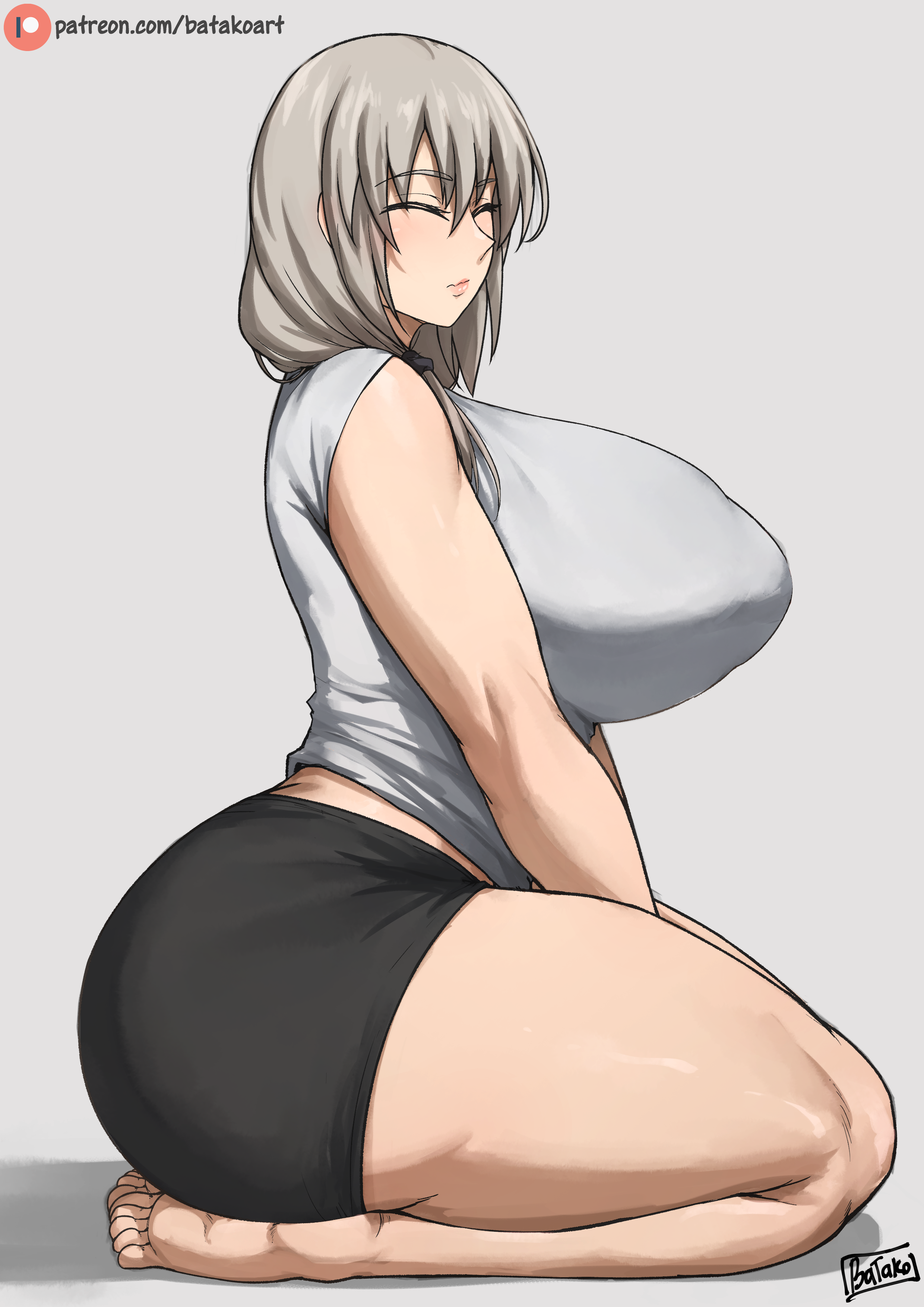 1girls, 2022, absurd res, artist signature, ass, barefoot, batako, blush, breasts, closed eyes, clothed, clothed female, feet, female, grey hair, huge ass, huge breasts, kneeling, long hair, mature female, milf, mother, nipple bulge, side ponytail, side view, simple background, thick thighs, thighs, uzaki tsuki, uzaki-chan wa asobitai!