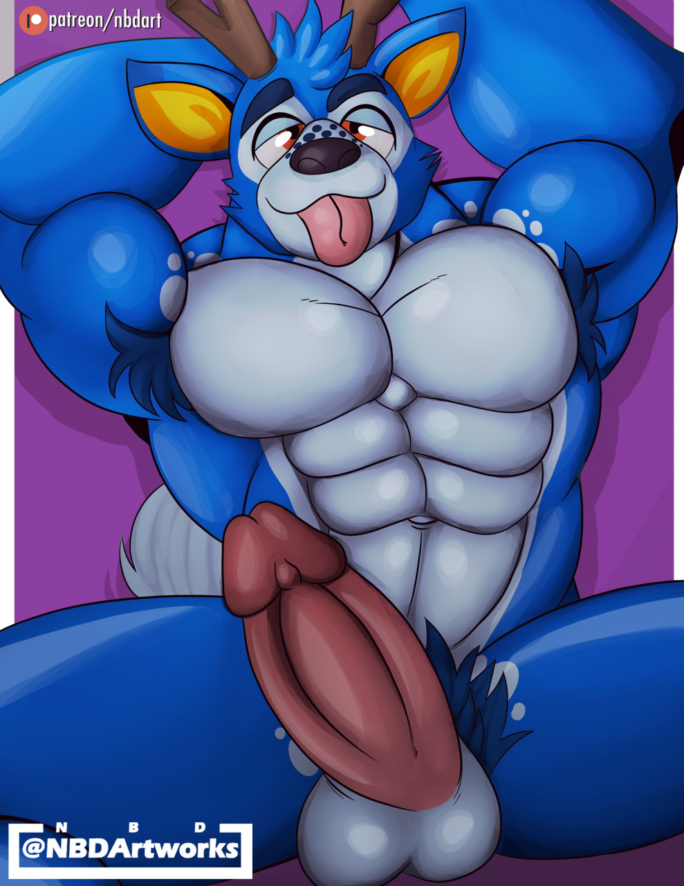 :3 abs animal_crossing anthro antlers armpit_hair balls bam_(animal_crossing) biceps big_muscles big_penis bird's-eye_view black_nose blue_body blue_fur blue_hair body_hair cervid countershading erection eyebrows fur genitals glistening glistening_eyes grey_body grey_fur hair hi_res high-angle_view horn humanoid_genitalia humanoid_penis looking_at_viewer lying male male_only mammal muscular muscular_anthro muscular_male naughtybigdog navel nintendo nude on_back pecs penis pubes red_eyes smile solo solo_male tongue tongue_out video_games yellow_inner_ear