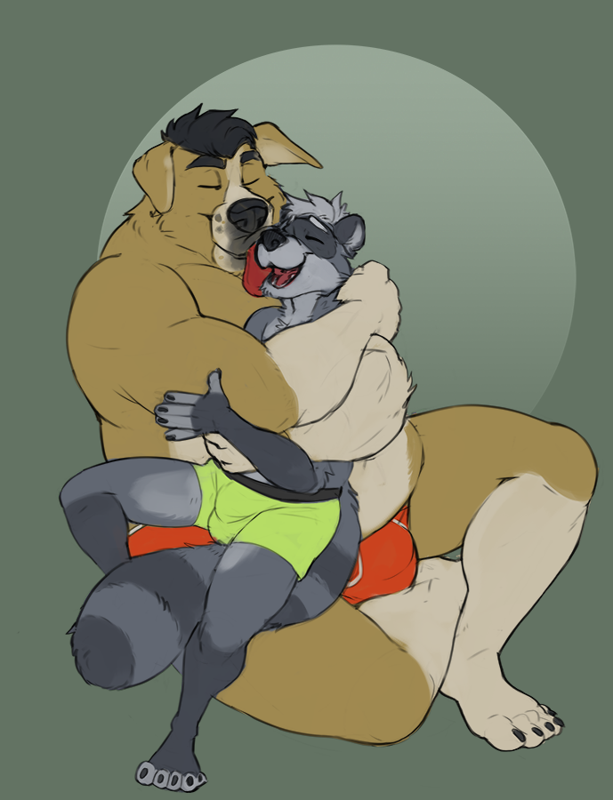 2021 anthro belly black_nose brown_body bulge canid canine canis closed_eyes clothing domestic_dog duo embrace grey_body horrorbuns hug humanoid_hands licking male male/male mammal overweight overweight_male procyonid raccoon simple_background sitting tongue tongue_out underwear