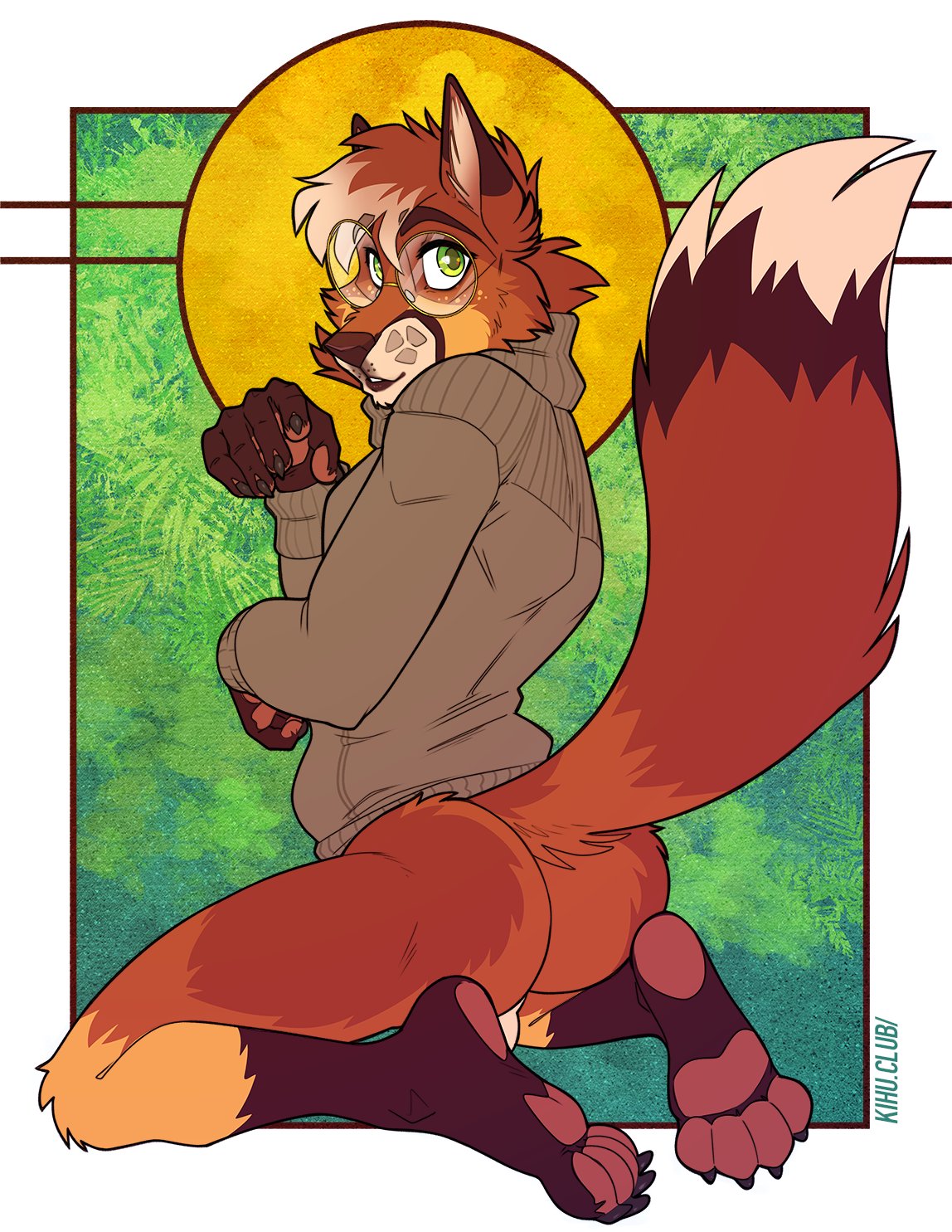 2021 abstract_background anthro ass backsack balls barely_visible_balls barely_visible_genitalia big_butt bottomless canid canine claws clothed clothing eyewear fox fur genitals glasses hair hi_res kihu kneeling looking_at_viewer male mammal pawpads perineum seductive simple_background smile solo sweater topwear tuft