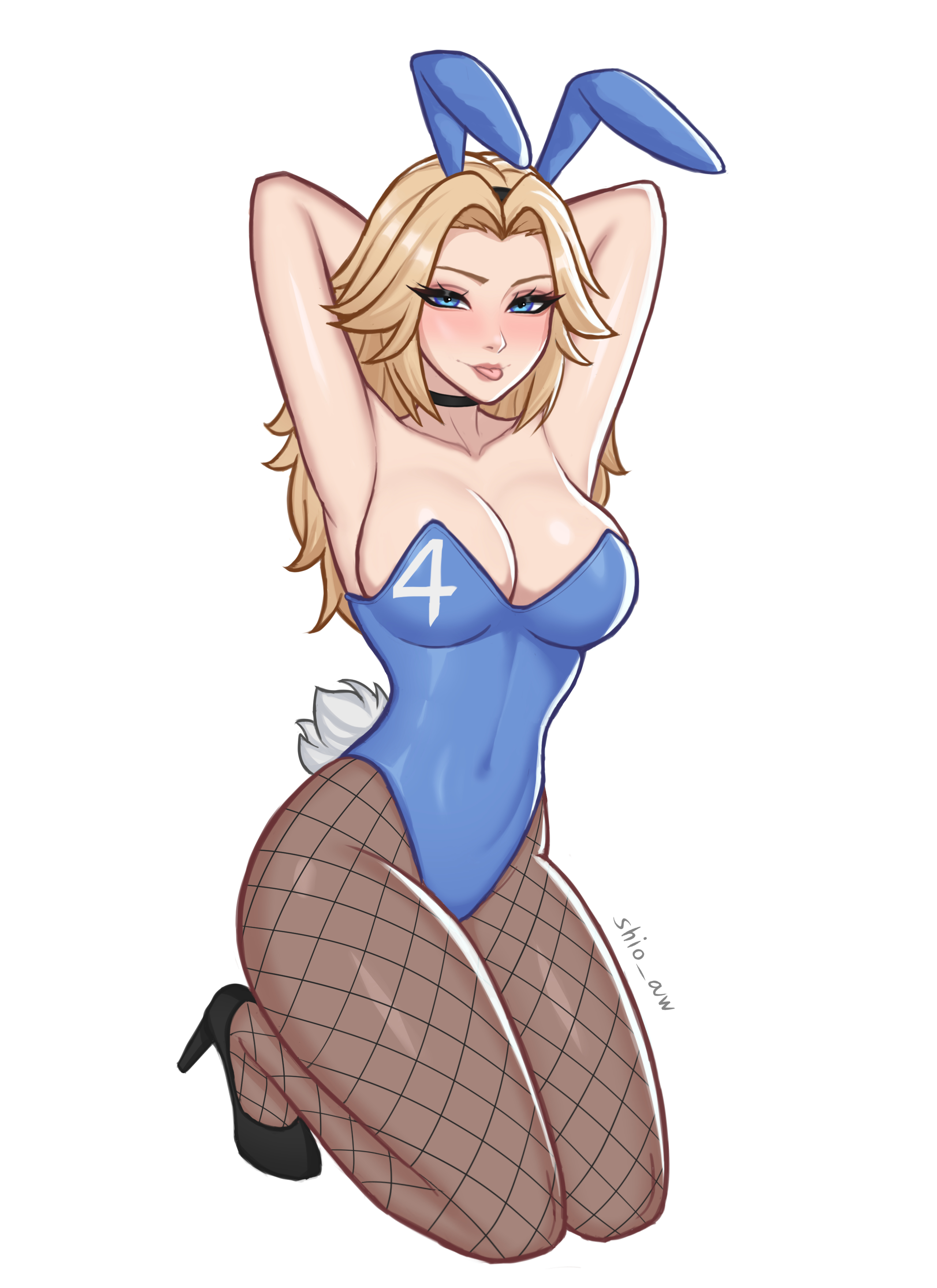 1girls, blonde female, blonde hair, blue bunnysuit, blue eyes, breasts, bunny ears, bunnysuit, fantastic four, female, fishnet legwear, fishnets, invisible woman, invisible woman (marvel rivals), long hair, marvel, marvel comics, marvel rivals, shio aw, sue richards, sue storm