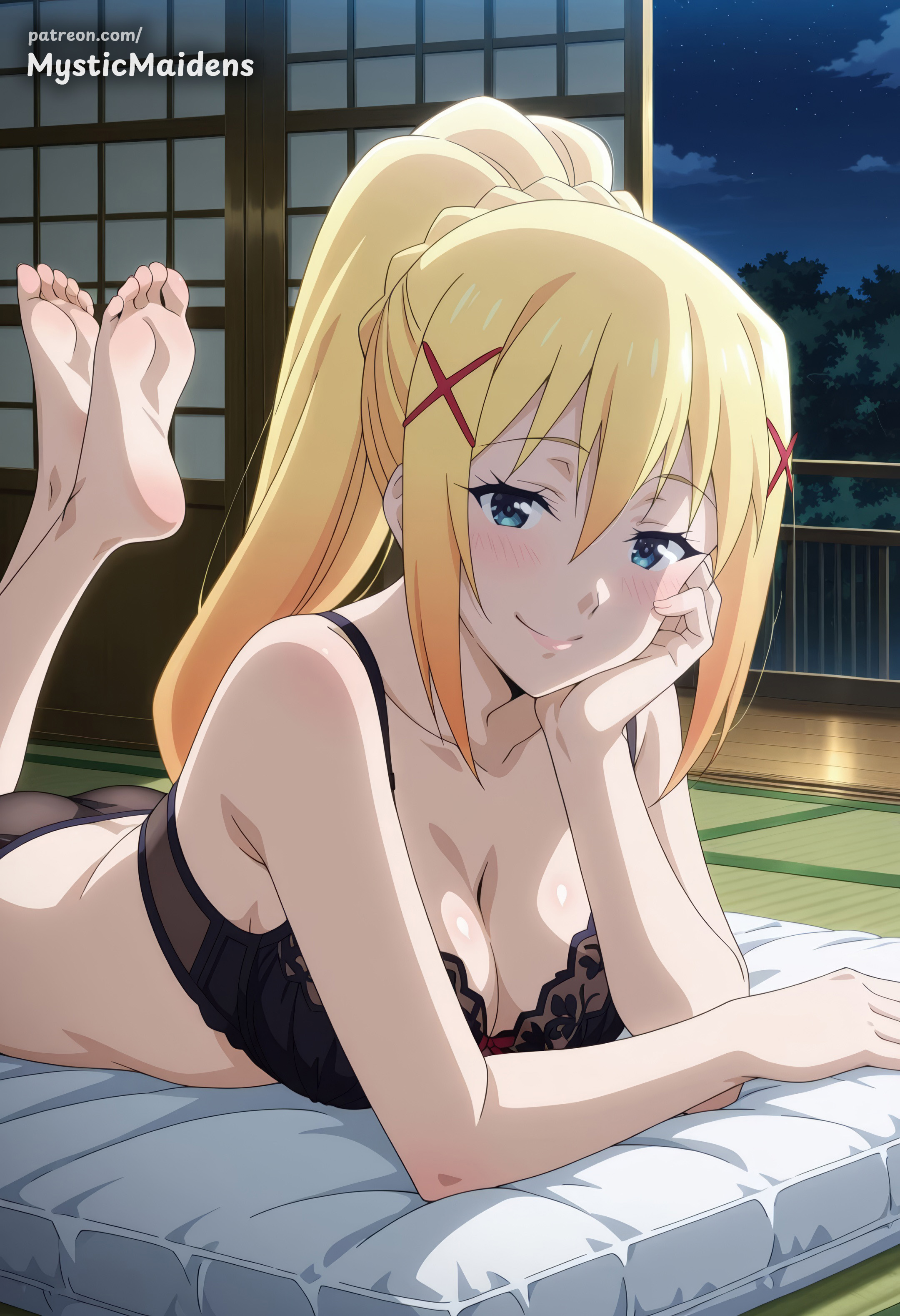 1girls, ai generated, anime style, ass, barefoot, black bra, black panties, blonde hair, blue eyes, blush, bra, braid, breasts, cleavage, closed mouth, collarbone, darkness (konosuba), feet, feet up, female, female only, futon, hair between eyes, hair ornament, head rest, hi res, indoors, kono subarashii sekai ni shukufuku wo!, konosuba, large breasts, long hair, looking at viewer, lying, mystic maidens, night, night sky, on stomach, panties, patreon, patreon username, ponytail, sky, sliding doors, smile, soles, solo, star (sky), starry sky, the pose, toes, underwear, underwear only, x hair ornament