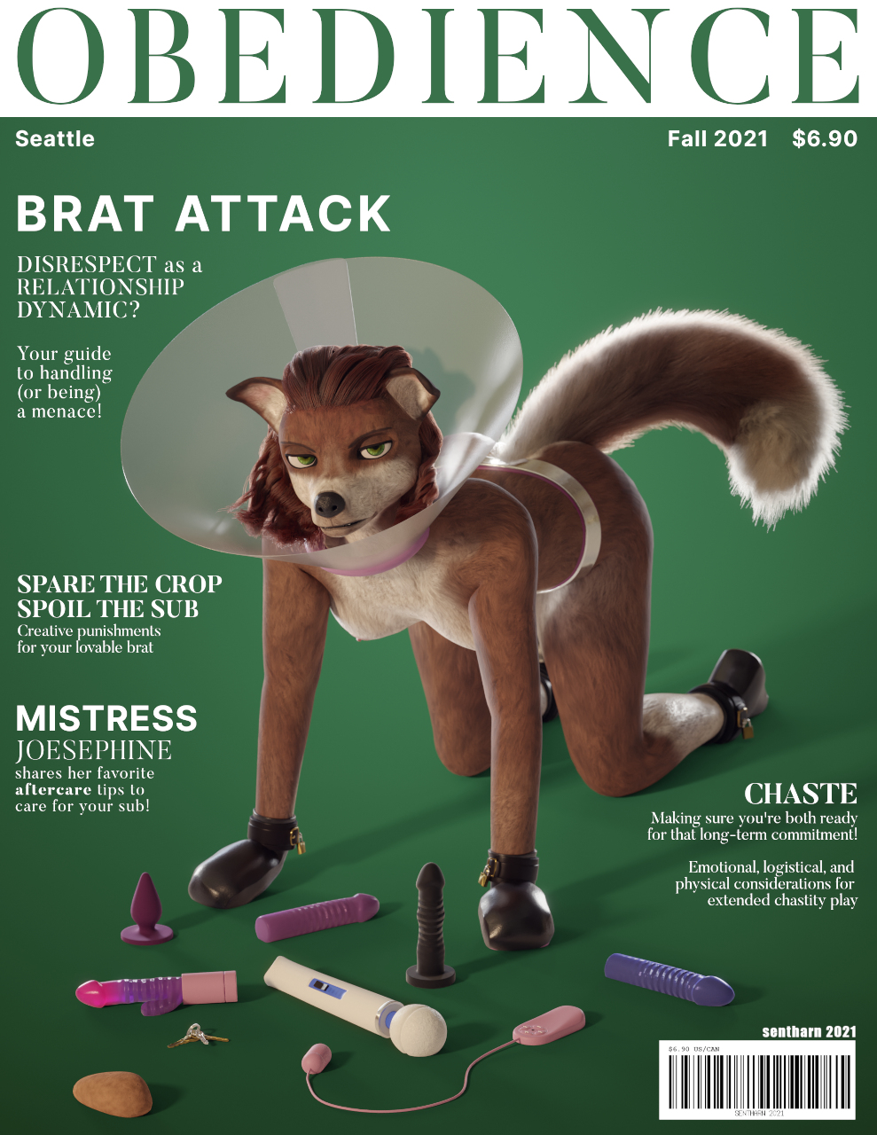 2021 3d_(artwork) all_fours anthro anthro_only assorted_sex_toys biped bondage bondage_gear bondage_mittens bound breasts brown_body brown_fur buttplug canid canine chastity chastity_belt chastity_device collar cone_of_shame cover denied digital_media_(artwork) e-collar english_text female female_chastity femsub food frustrated fur furry glare hi_res hitachi_magic_wand kinktober magazine magazine_cover mammal medical_instrument mostly_nude nipples nude plant potato scientific_instrument sentharn sex_toy solo text toy_selection vegetable vibrator wand_vibrator