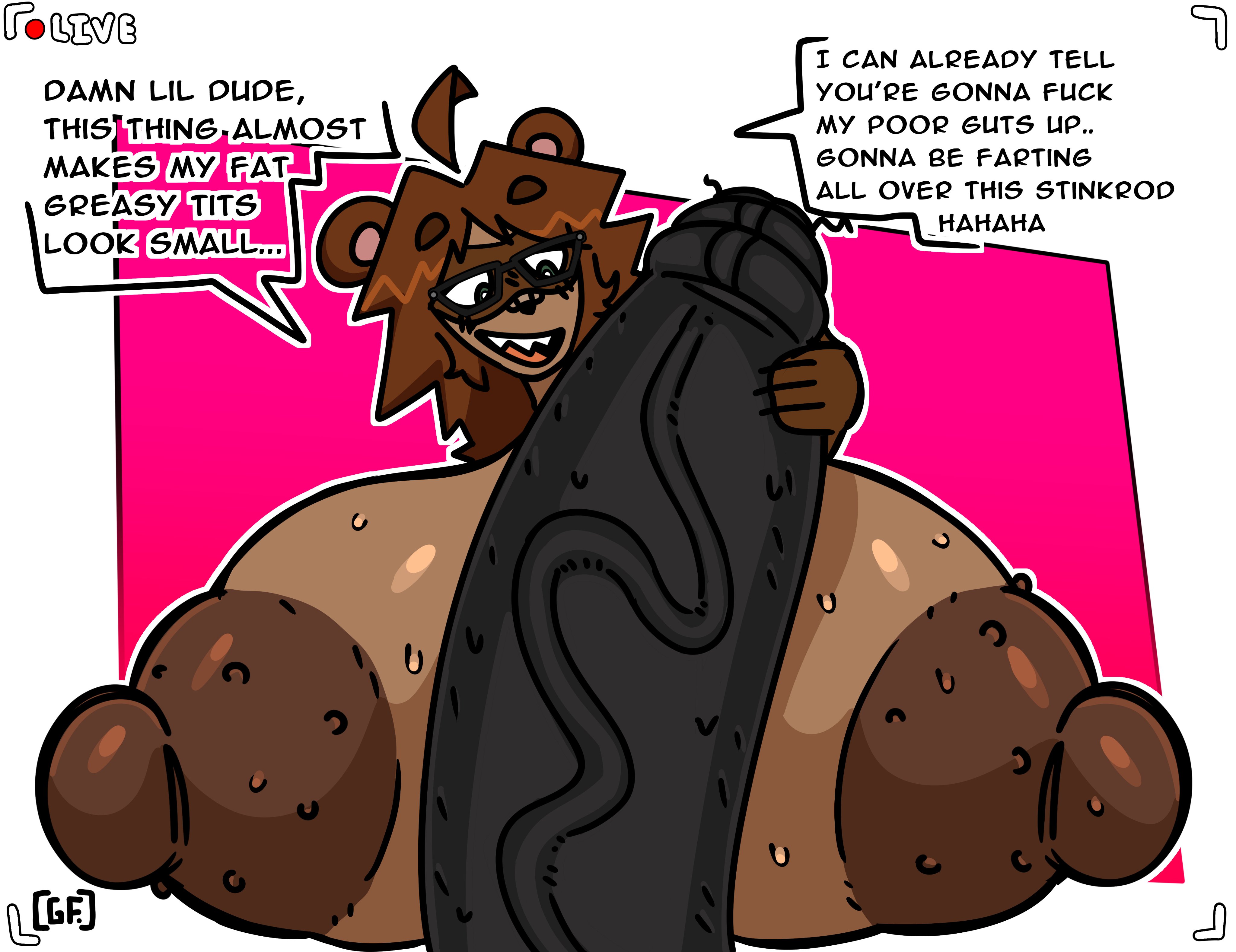 1boy, 1futa, anthro, areolae, bandaid, bandaid on nose, big areola, big breasts, big penis, breasts, breasts bigger than head, brown hair, bunny, comic page, dialogue, english text, erect nipples, fart, fart fetish, female, foreskin, furry, futanari, ghostfuckrr, glasses, green eyes, huge breasts, huge cock, hung trap, hyper breasts, hyper penis, imminent fart, intersex, jesse (ghostfuckrr), lagomorph, livestream, long hair, looking at penis, male, male pov, montgomery glands, panko (ghostfuckrr), penis, pov, pubic hair, pubic hair in foreskin, recording, stray pubic hair, sweat, sweaty, sweaty breasts, sweaty genitalia, sweaty penis, tanuki, tanuki girl, text, uncircumcised, unseen male face