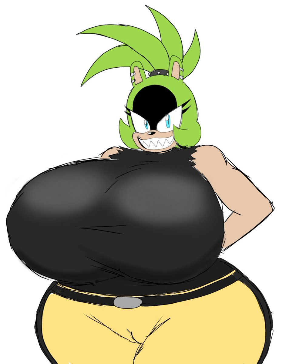 1girls, 2d, 2d (artwork), alternate body type, alternate breast size, bare arms, bare shoulders, belt, big breasts, blue eyes, blue eyes female, breasts, breasts bigger than head, busty, busty female, curvy, curvy body, curvy female, curvy figure, digital drawing (artwork), digital media (artwork), female, female focus, female only, furry, furry female, furry only, green hair, green hair female, hands behind back, hips, hips wider than shoulders, huge breasts, idw comics, idw publishing, large breasts, looking at viewer, mature, mature woman, mobian, mobian (species), mobian tenrec, momiji (artist), ponytail, ponytail female, sega, sharp teeth, sharp teeth female, simple background, smile, smiling, smiling at viewer, solo, solo female, solo focus, sonic (series), sonic the hedgehog (comics), sonic the hedgehog (idw), sonic the hedgehog (series), surge the tenrec, upper body, white background, yellow pants