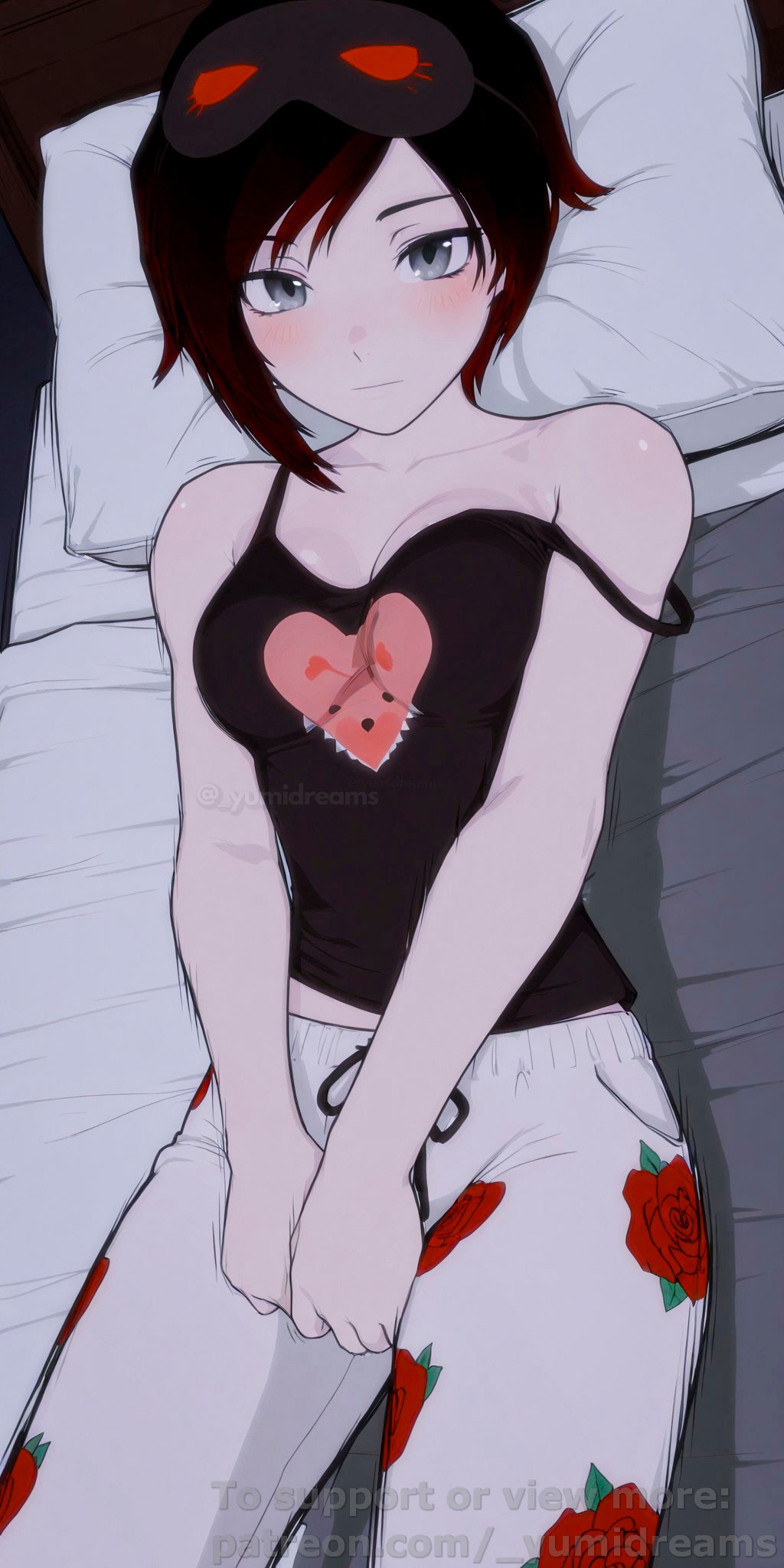  yumidreams, accurate art style, ai generated, bangs, bare shoulders, black hair, black tank top, blush, breasts, female, female only, grey eyes, heart, high angle, high resolution, looking at viewer, mask on head, medium breasts, multicolored hair, on back, on bed, pajamas, pale skin, patreon username, petite, red hair, ruby rose, rwby, short hair, sleep mask, strap slip