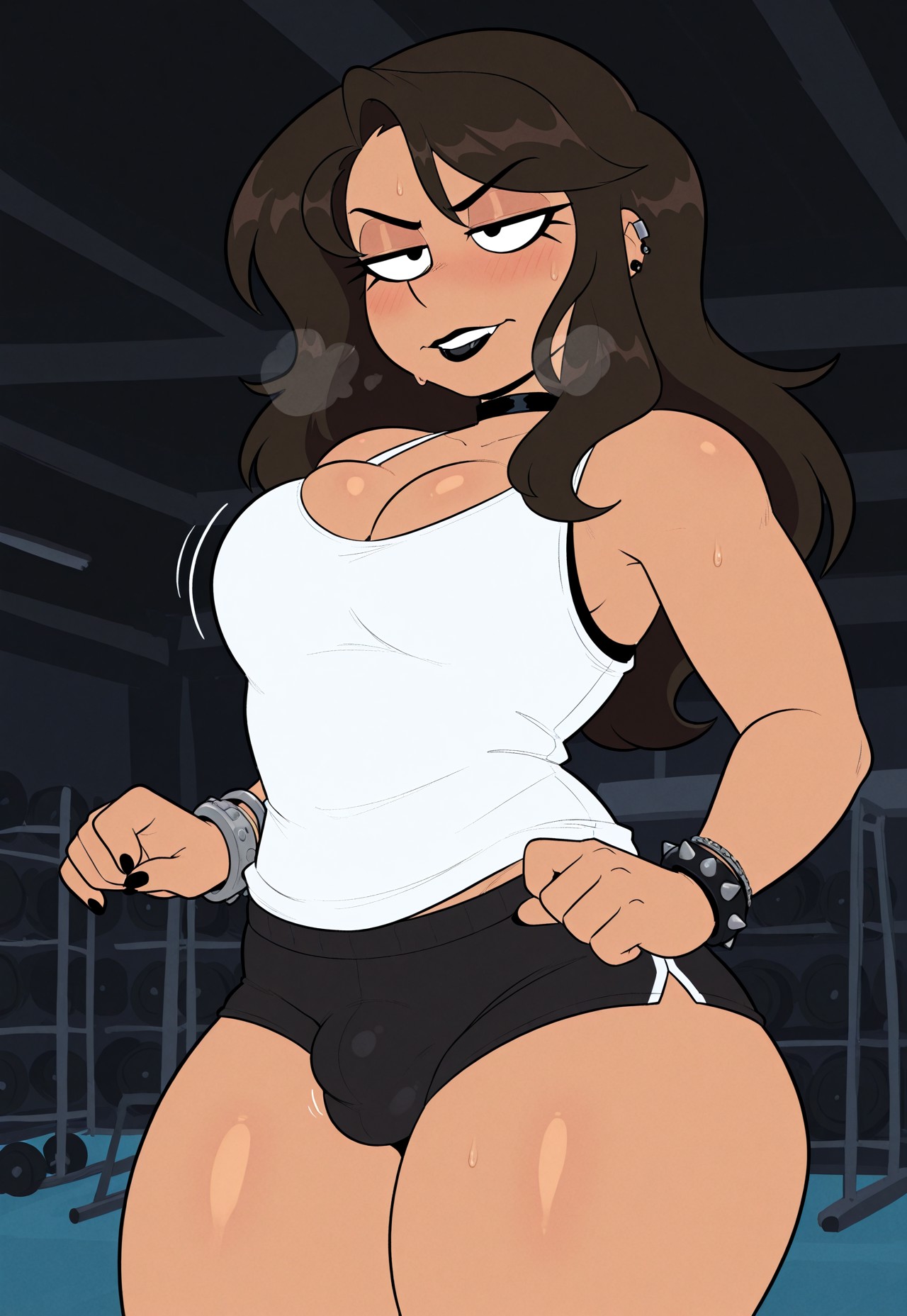 1futa, ai, ai assisted, ai generated, annoyed, annoyed expression, annoyed face, armpits, big ass, black eyes, black lips, black lipstick, blush, breasts, brown hair, bulge, bulge through clothing, bulge under clothes, civitai, dark skin, dark-skinned futa, dolphin shorts, ear piercing, earrings, female, flustered, futa only, futanari, goth, goth girl, gothic, gym, gym shorts, ihatethemic, intersex, large ass, lizielewddle (character), long hair, medium breasts, penis, penis bulge, piercing, piercings, punk, shorts, solo, solo focus, solo futa, spiked bracelet, standing, tagme, tank top, thick ass, thick thighs, wavy hair, wide hips