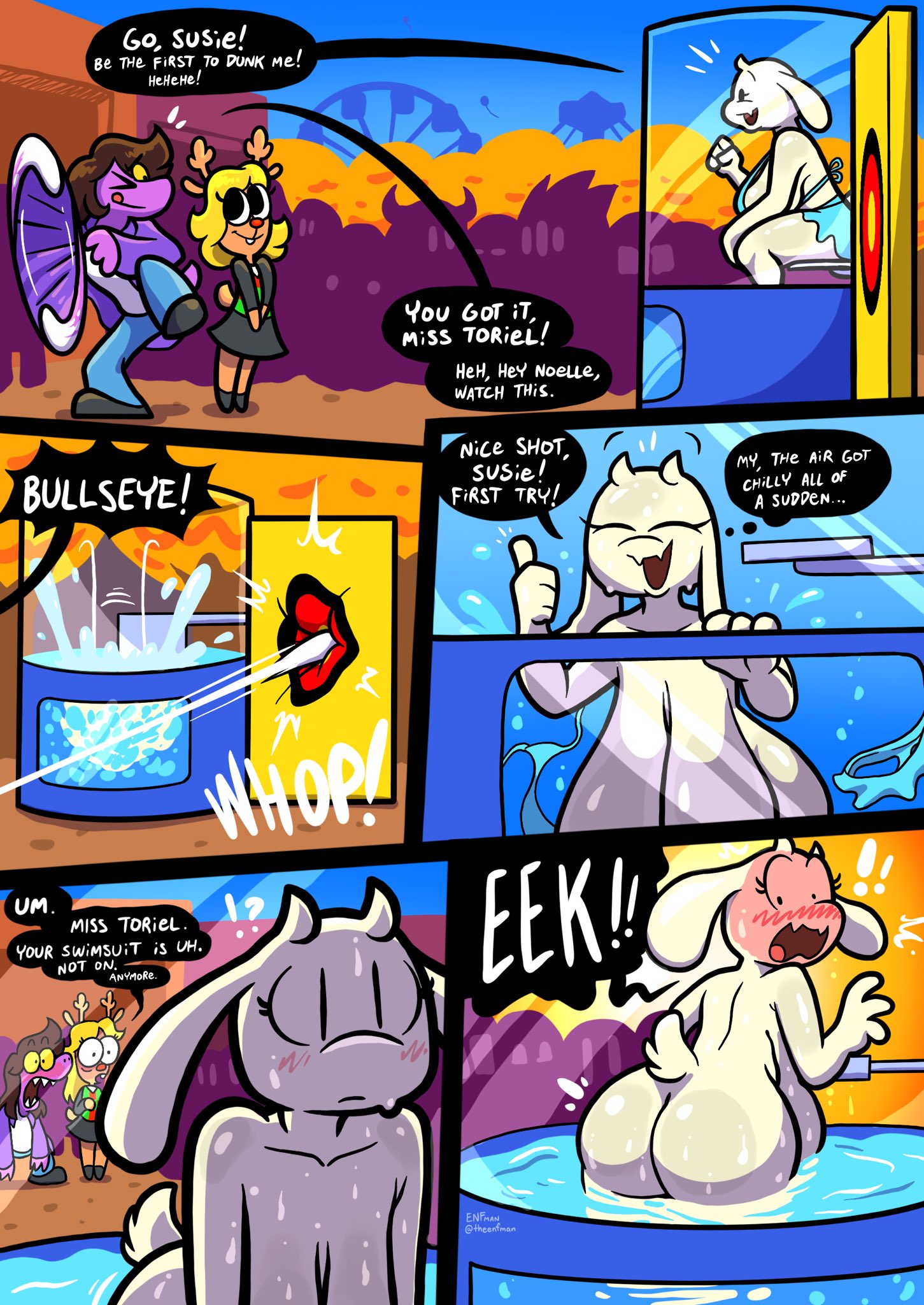 ass, breasts, deltarune, embarrassed, female, noelle holiday, nude, sagging breasts, senftember, senftember (2025), susie (deltarune), theenfman, toriel, undertale, underwater, wardrobe malfunction, water