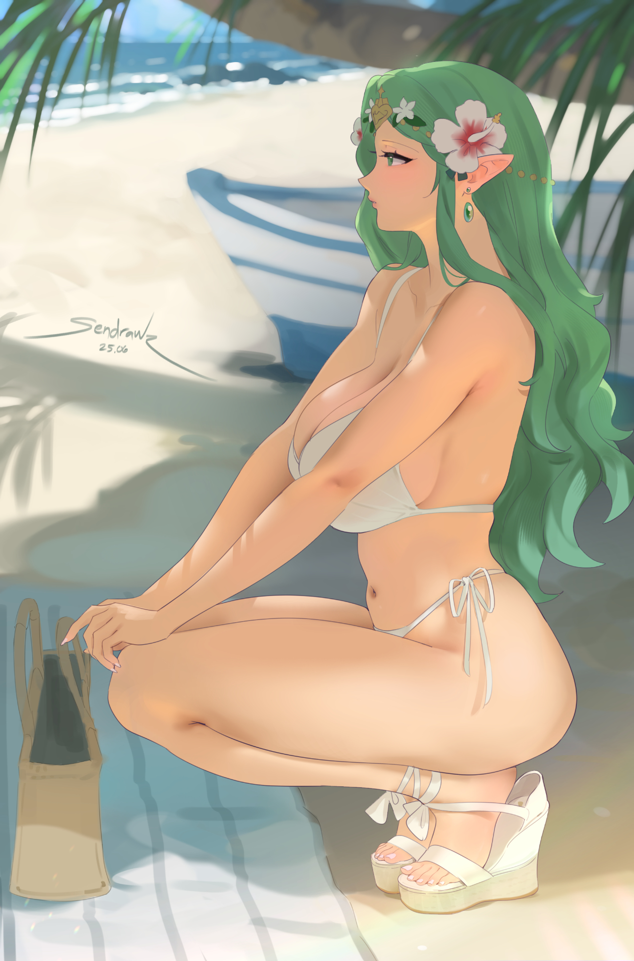beach, beach towel, bikini, breasts, earrings, feet, female, fire emblem, fire emblem: three houses, flower in hair, green eyes, green hair, kneeling, large breasts, o-ring bikini, palm tree, pointy ears, rhea (fire emblem), rhea (summer) (fire emblem), sandals, sendrawz, side-tie bikini, tagme, thighs, wedge heels