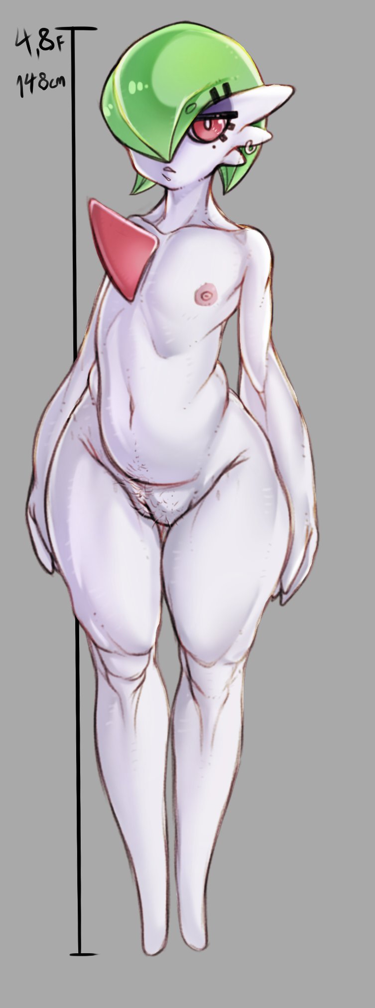 1girls, bottom heavy, curvaceous, curvy, curvy figure, english text, female, female only, flat chest, game freak, gardevoir, green hair, grey background, hair over one eye, hairy pussy, lovelymobcorp, mole, mole under eye, nintendo, nude, petite, piercing, pokemon, pubic hair, pussy, red eyes, solo, solo female, text, thick thighs, true flat chest, voluptuous, voluptuous female, wide hips