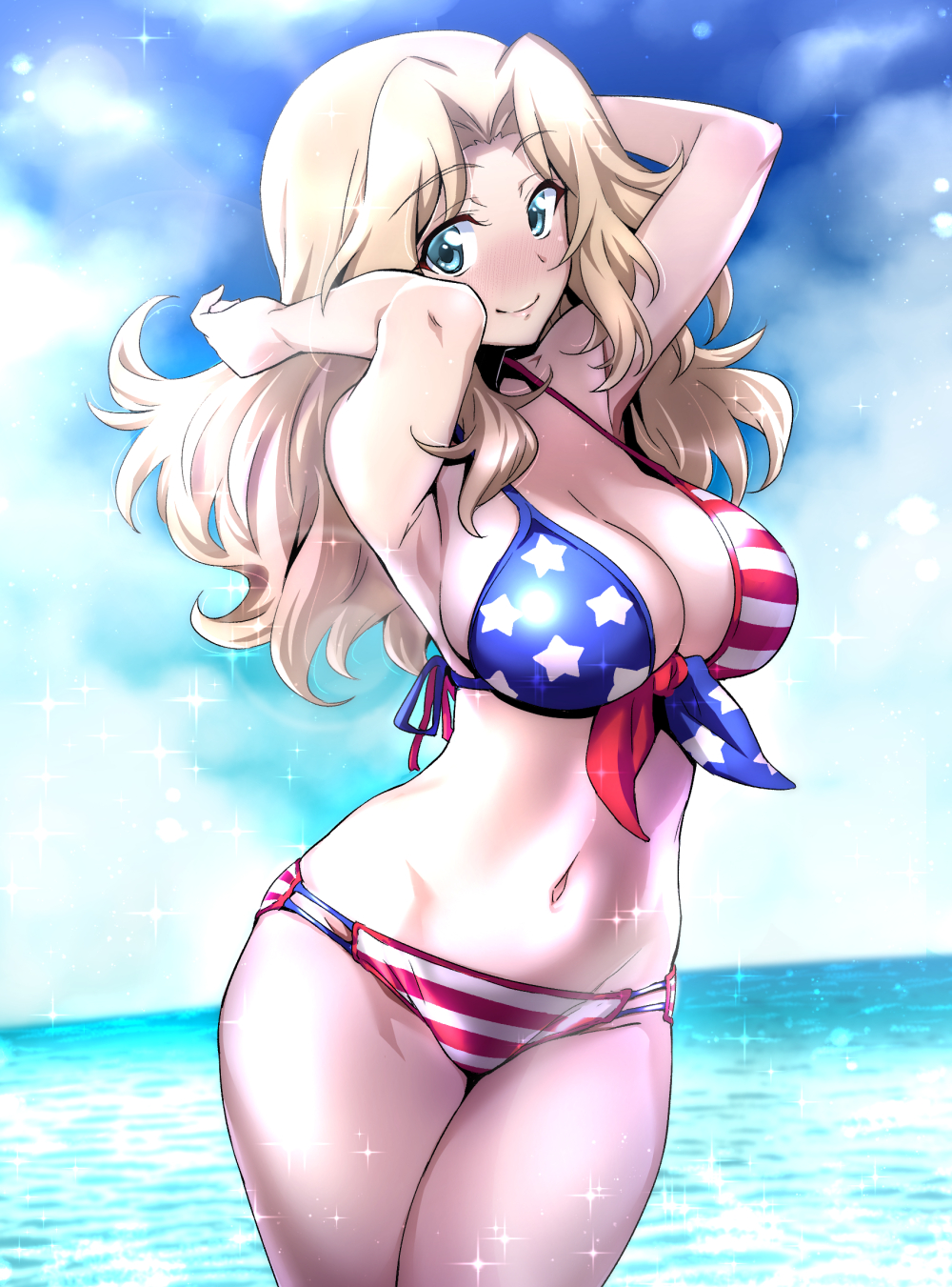 1girls, american female, american flag bikini, beach, belly, belly button, big boobs, big breasts, bikini, bikini bottom, bikini top, blonde, blonde female, blonde hair, blonde hair female, blue eyes, blue eyes female, blush, boobs, boobs bigger than torso, breasts, cleavage, exposed skin, female, female focus, female only, flag bikini, girls und panzer, huge breasts, kay (girls und panzer), legs, looking at viewer, nakahira guy, ocean, schoolgirl, sole female, solo, sparkles, stomach, teenage female, teenager, thick thighs, thighs, thin waist, water, white skin, wide hips