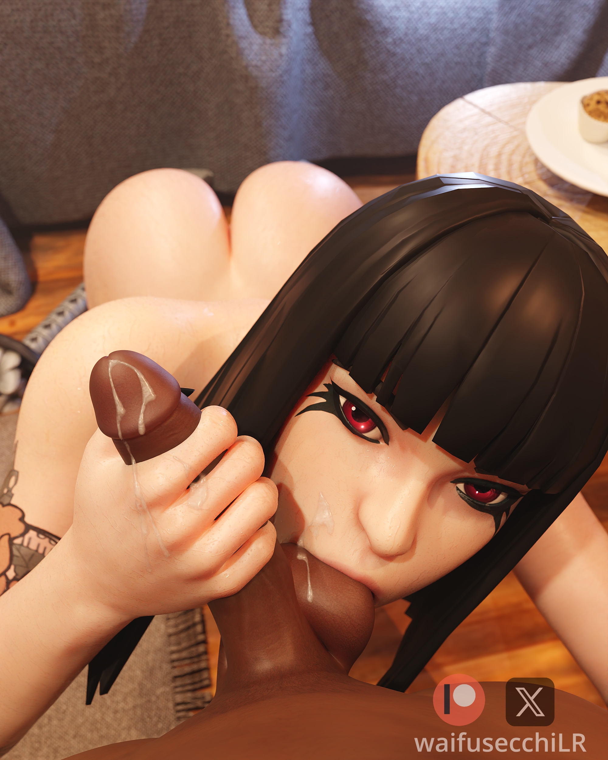 1boy, 1girls, 2025, 3d, 3d background, 3d model, after cum, after handjob, after sex, artist name, balls, balls sucking, black hair, charlotte (fortnite), cum on balls, cum on face, cum on glans, cum on penis, dark skin, dark-skinned male, epic games, female, fortnite, fortnite: battle royale, hand on penis, handjob, handjob while sucking, katana, light skin, light-skinned female, long hair, looking at partner, looking up, male, male/female, mouth on balls, oral, oral sex, patreon logo, penis, red eyes, sex, sucking, sucking balls, sucking testicles, tattoo, tattoo on arm, tattooed arm, testicles, video game character, video games, waifusecchilr, watermark, white body, x logo