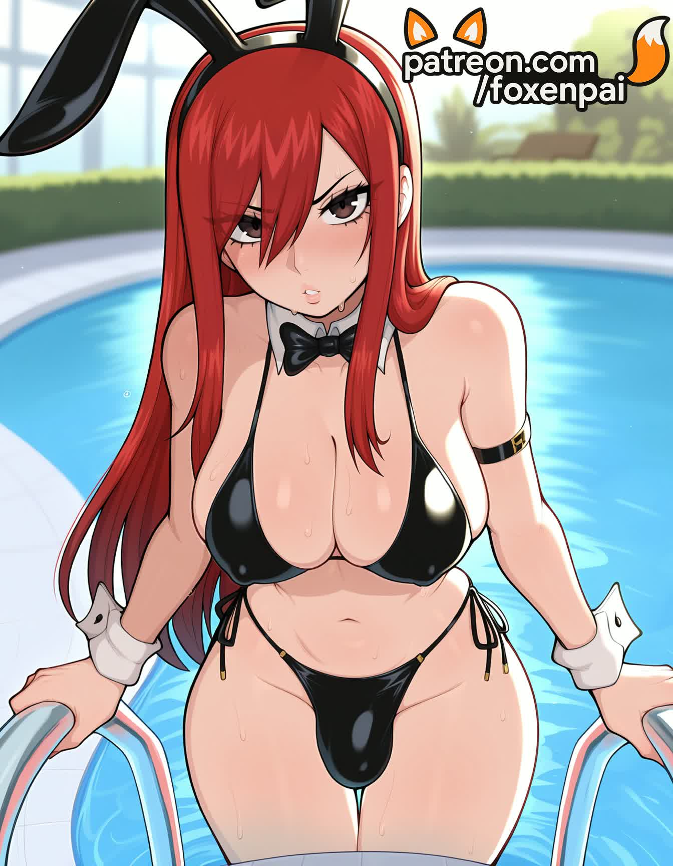 1futa, 2025, ai generated, animal ears, artist name, beach, bikini, black bikini, blush, bow, breasts, bulge, bust, chest, erza scarlet, fairy tail, fake animal ears, foxenpai, futa only, futanari, hi res, high quality, high resolution, highres, intersex, light-skinned futa, long hair, ocean, patreon, patreon username, penis, pool, poolside, rabbit ears, red hair, side-tie bikini, solo, stable diffusion, swimsuit, water, watermark, wrist cuffs