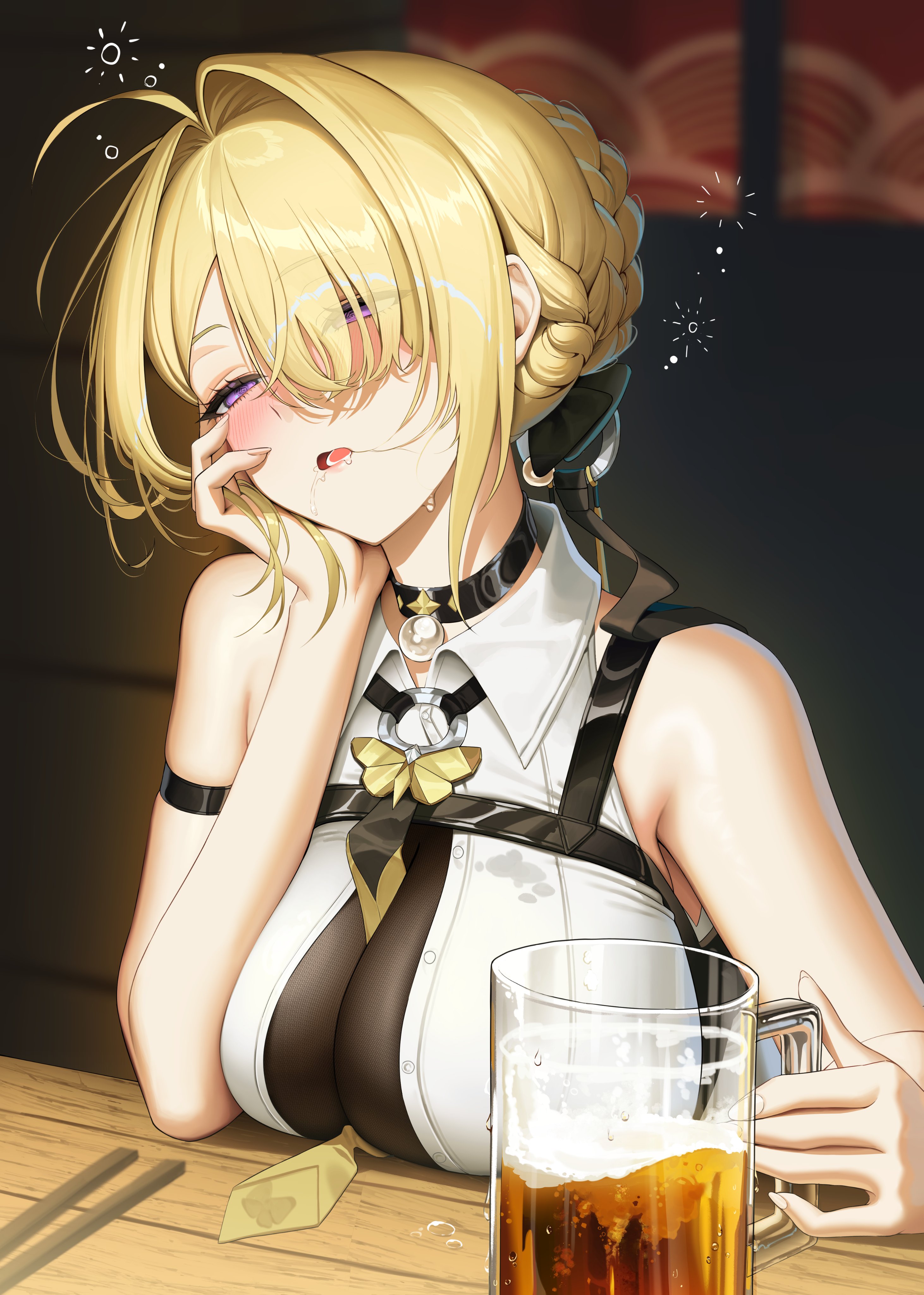 absurdres, ahoge, arm strap, bare shoulders, beer mug, between breasts, black choker, blonde hair, blurry, blurry background, blush, braid, braided bun, breasts, choker, collared shirt, commentary request, cup, drooling, drunk, evelyn chevalier, eyes visible through hair, female, female only, fingernails, hair bun, hair intakes, hair over one eye, head rest, highres, holding, holding cup, izakaya, kkuni, large breasts, mug, necktie, necktie between breasts, no jacket, open mouth, purple eyes, ring hair ornament, shirt, short hair, solo, squeans, white shirt, yellow necktie, zenless zone zero