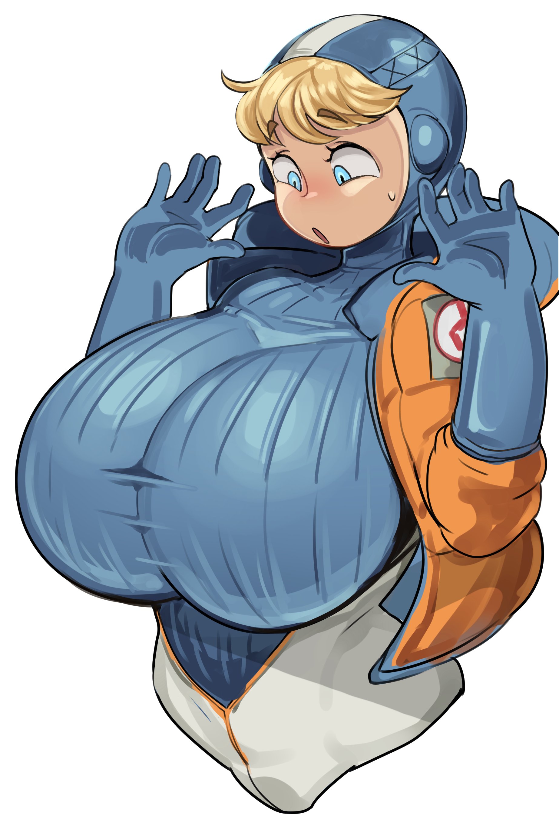 1girls, 5 fingers, apex legends, big breasts, blonde hair, blue eyes, blush, blushing, breasts, cham22, chamchami, clothed, clothes, doodle, eyebrows, eyebrows visible through hair, eyelashes, female, female only, fully clothed, gloves, hair, huge breasts, human, human only, humanoid, large breasts, looking at breasts, looking down, short hair, simple background, solo, solo female, surprised, sweat, sweating, tight clothing, top heavy, upper body, voluptuous, wattson (apex legends), white background