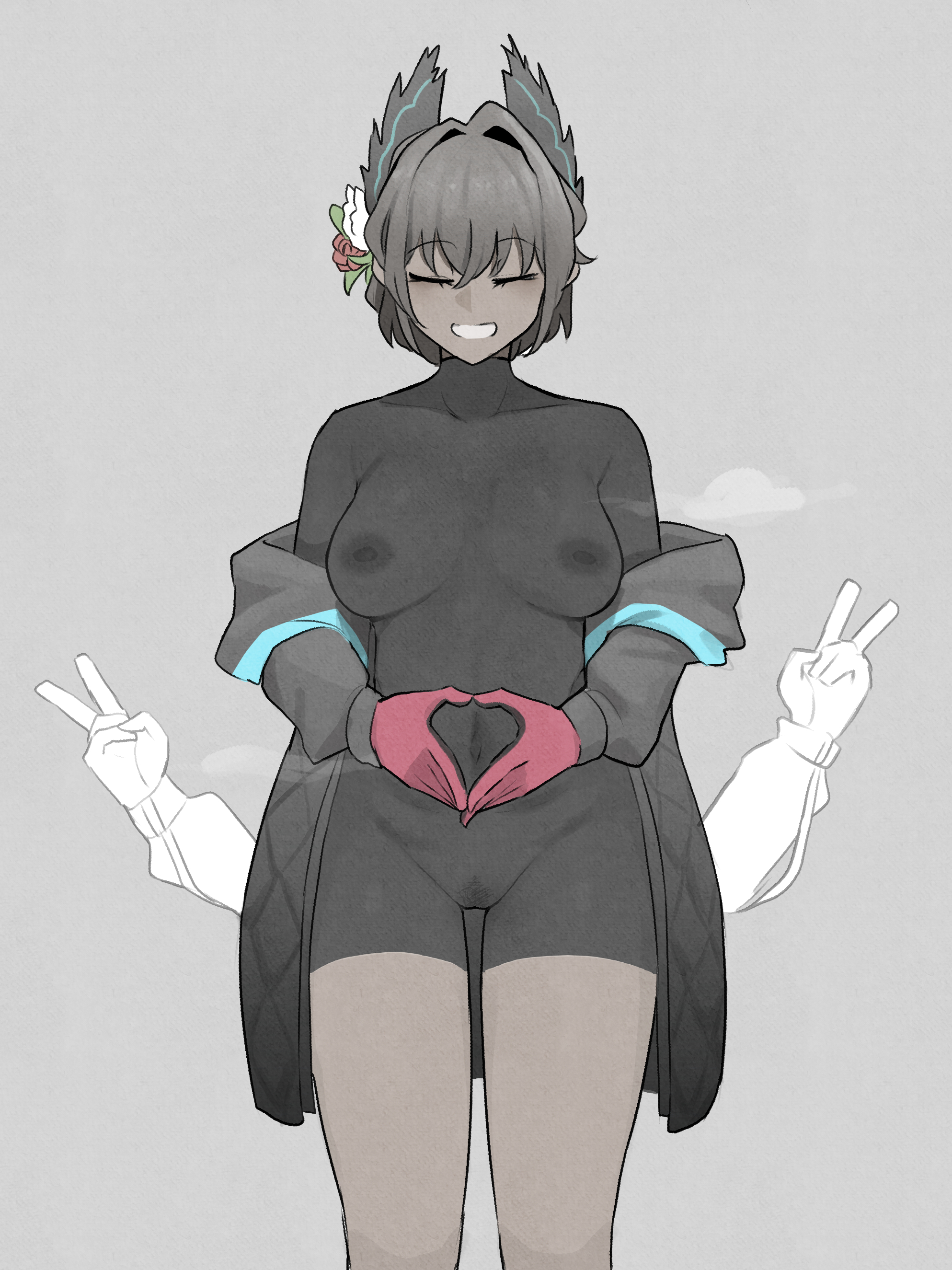 1girls, 2d, 4 arms, arknights, belly button, breasts, closed eyes, dark skin, dark-skinned female, female, female pubic hair, flower, grey body, grey hair, hair ornament, heart gesture, jacket, mata (matasoup), nipples, nude, nude female, peace sign, pubic hair, pussy, raidian (arknights), short hair, smile, solo