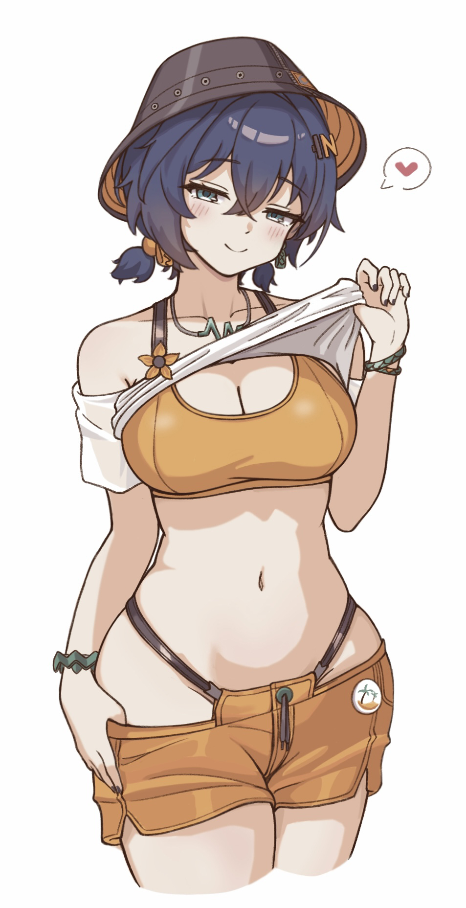 1girls, belle (summer skies) (zenless zone zero), belle (zenless zone zero), bikini, bikini top under shirt, bikini under clothes, bikini under shorts, black nails, blue eyes, blue hair, blush, bracelet, breasts, bucket hat, earrings, female, female only, fish hat, flower, hair ornament, hat, heart, highres, jewelry, letter hair ornament, looking at viewer, navel, necklace, nzkopa, off shoulder, off-shoulder shirt, official alternate costume, orange bikini, orange shorts, shirt, shorts, simple background, smile, solo, stomach, swim shorts, swimsuit, thong shorts, white background, zenless zone zero