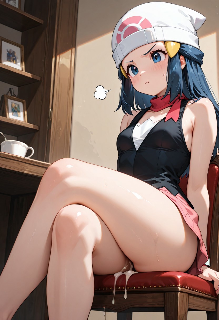 1girls, after sex, ai generated, bare shoulders, beanie, blue eyes, blue hair, blush, breasts, chair, crossed legs, cum, cum in pussy, cup, dawn (pokemon), female, frown, hair ornament, hat, indoors, legs, long hair, looking at viewer, miniskirt, nintendo, pink skirt, pokemon, pokemon dppt, pouting, pussy, scarf, shiny, sitting, skirt, sleeveless, small breasts, solo, sweat, white headwear
