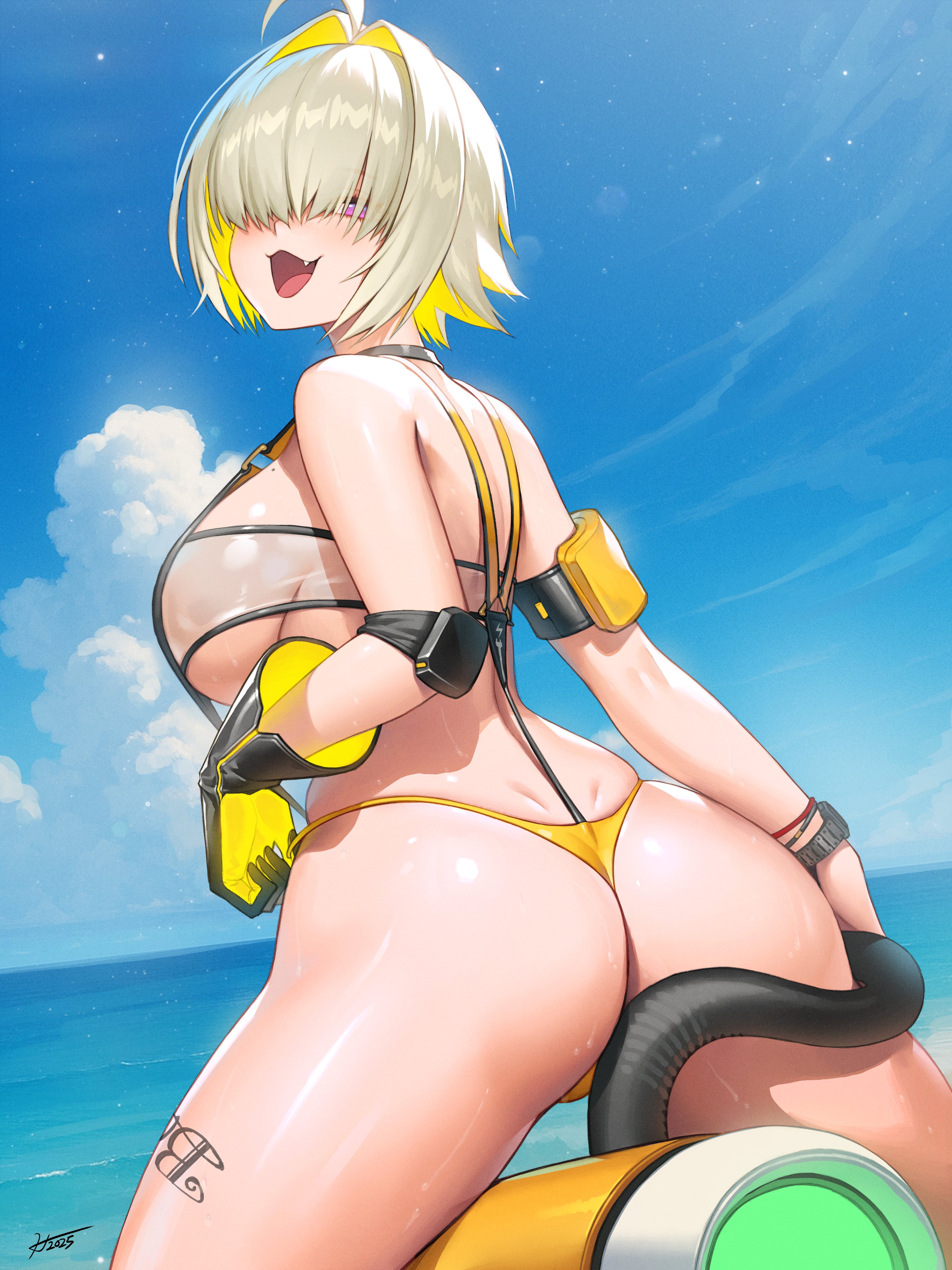 1girls, 2025, absurdres, ahoge, arm strap, ass, black gloves, blonde hair, blue sky, breasts, brown hair, cloud, colored inner hair, commentary, cumulonimbus cloud, cute fang, day, dimples of venus, elegg (boom and shock) (nikke), elegg (nikke), female, female only, from side, gloves, hair intakes, hair over eyes, hichi, hichi (an hee-chul), highres, large breasts, looking at viewer, mole, mole on breast, multicolored hair, ocean, official alternate costume, open mouth, outdoors, purple eyes, short hair, signature, sky, slingshot swimsuit, smile, solo, sticker, sticker on leg, swimsuit, turning head, two-sided gloves, two-tone gloves, two-tone hair, watch, water, water drop, wet, wristwatch, yellow gloves, yellow slingshot swimsuit