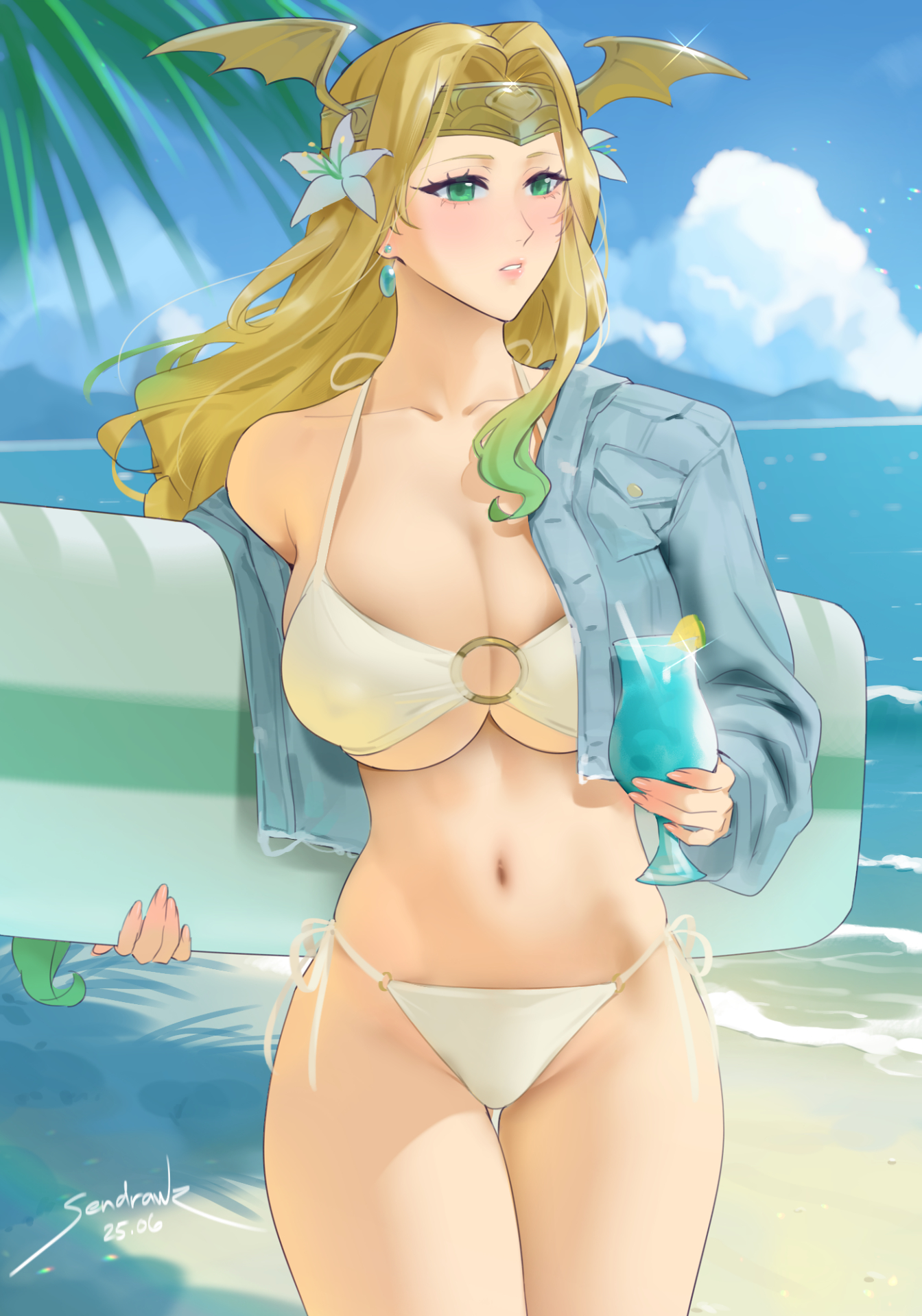 beach, bikini, blonde hair, breasts, crown, denim, dyed hair, earrings, female, fire emblem, fire emblem: three houses, flower in hair, green eyes, green hair, large breasts, o-ring bikini, palm tree, rhea (fire emblem), sandals, seiros (fire emblem), sendrawz, side-tie bikini, surfboard, tagme, thighs