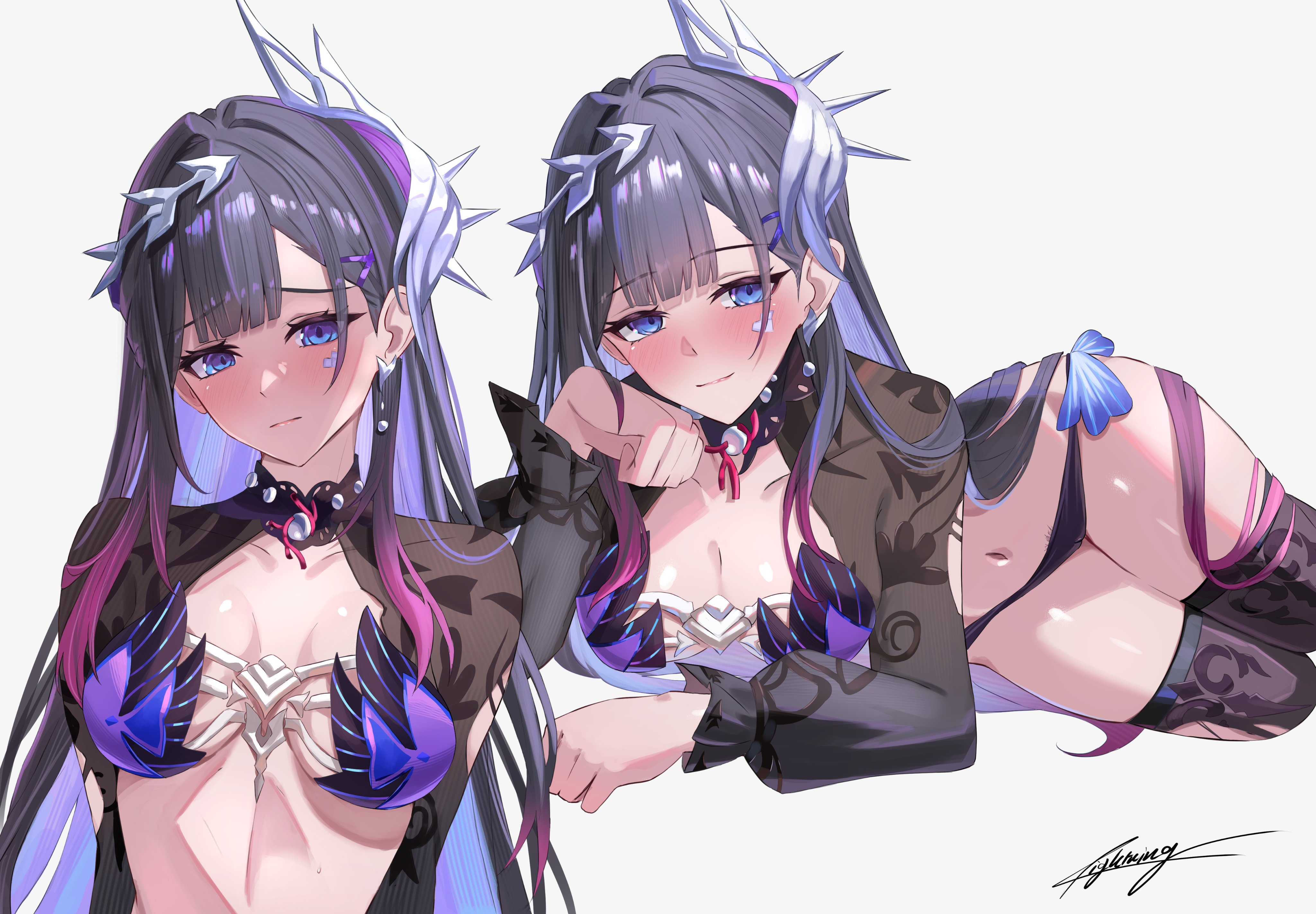 1girls, black hair, black thighhighs, black underwear, blue eyes, blush, bra, female, honkai: star rail, hoyoverse, hysilens (honkai: star rail), lightning0730, long hair, lying, lying down, mihoyo, panties, thighhighs, underwear, very long hair