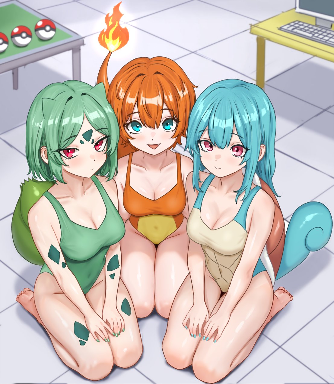 3girls, barefoot, blue eyes, blue hair, breasts, bulbasaur, charmander, feet, female, female only, gijinka, green hair, looking at viewer, nihu, orange hair, pokemon, red eyes, short hair, squirtle, swimsuit, thighs