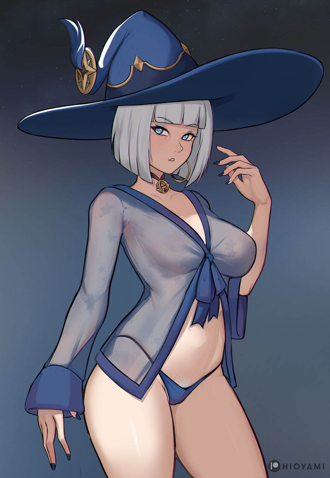 1girls, barbeloth (genshin impact), breasts, female, female focus, female only, genshin impact, gilf, hioyami, large breasts, light skin, light-skinned female, looking at viewer, mature female, solo, thick thighs, thighs, wide hips