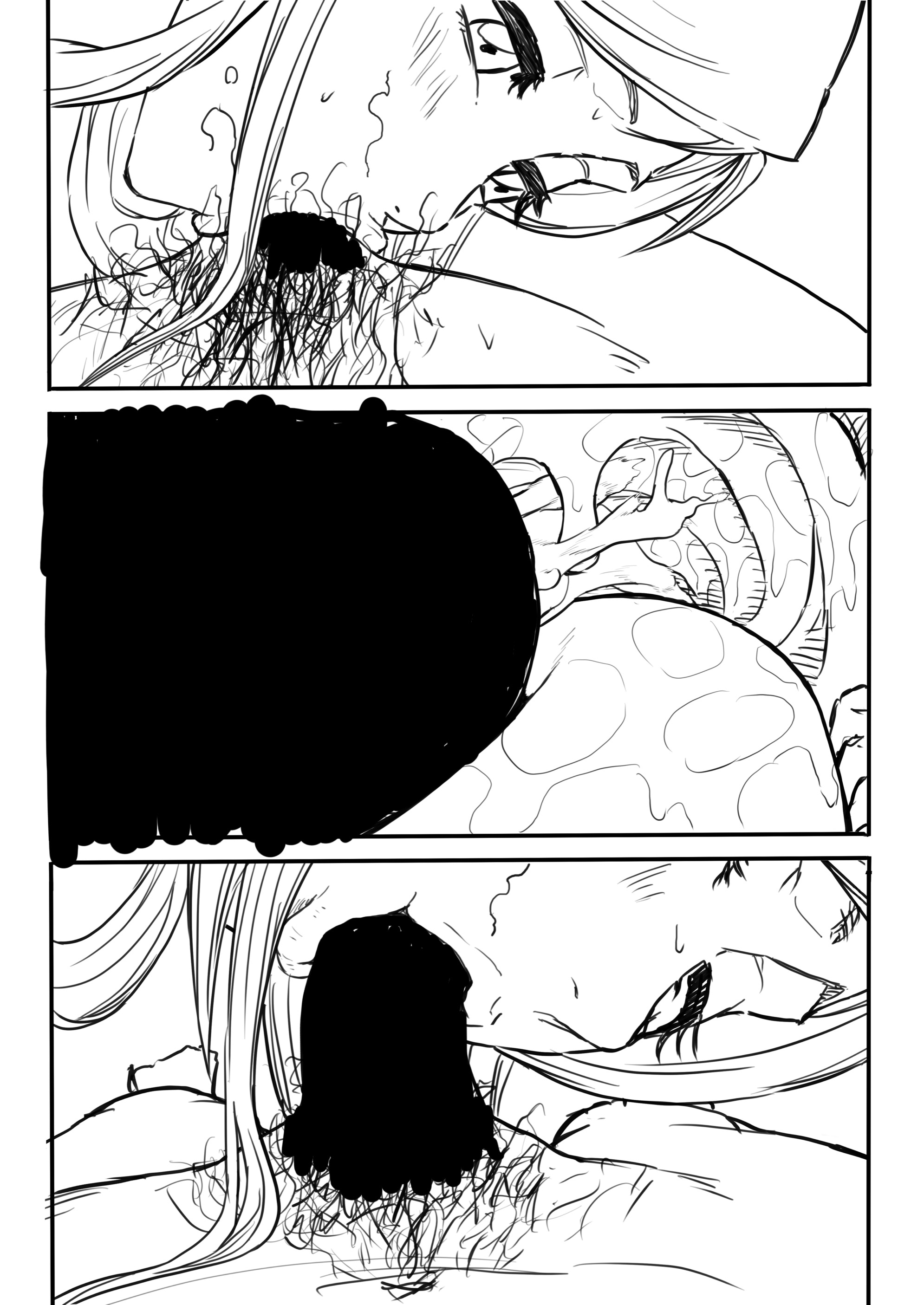:>=, 1girls, age difference, big penis, black and white, bleach, blowjob, brown eyes, censored, cum in mouth, cum in throat, dead source, deepthroat, fellatio, female, ginger, inoue orihime, inside mouth, inside view, internal, internal fellatio, internal oral, iwao178, long hair, male, no artist signature, old male, older male, on side, oral, orange hair, penis, penis on tongue, petite, stray pubic hair, throat, tongue, x-ray