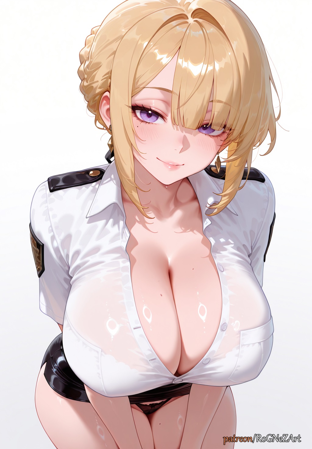 2025, ai generated, bangs, black panties, black skirt, blonde hair, blush, braid, braided hair, breasts, cleavage, closed mouth, collarbone, collared shirt, earrings, evelyn chevalier, eye contact, eyes visible through hair, female, female focus, female only, flushed, gradient, highres, hoyoverse, huge breasts, jewelry, large breasts, leaning forward, looking at viewer, mihoyo, miniskirt, mole, mole on breast, mole on thigh, mole under eye, neutral expression, panties, patreon, pencil skirt, police, police uniform, purple eyes, rognezart, see-through, shirt, short sleeves, sidelocks, simple background, skirt, smile, smiling, solo, thick thighs, thighs, underwear, uniform, wet, wet clothes, white background, white shirt, zenless zone zero