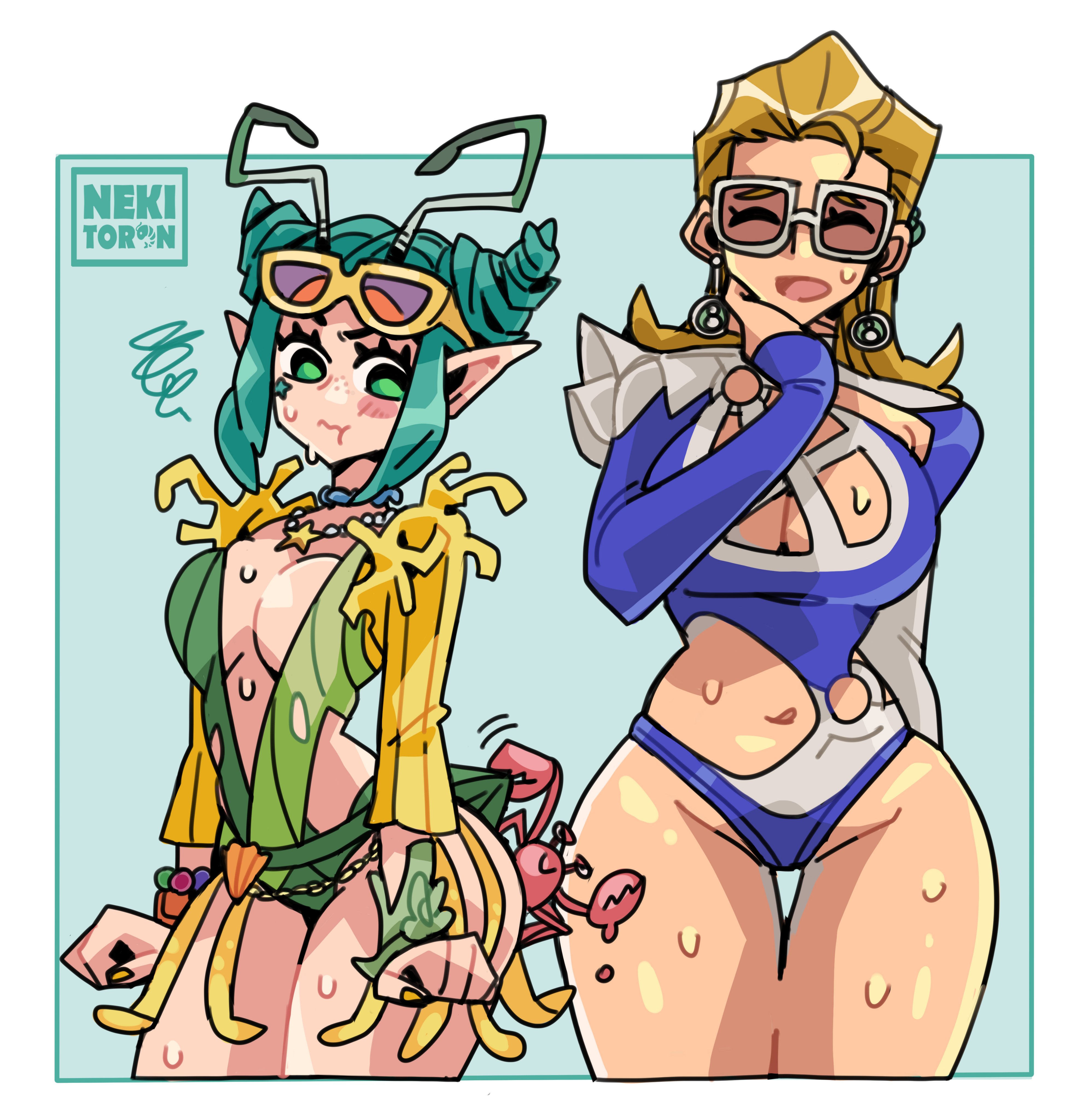 2girls, breasts, crab, female, female focus, female only, guardians of the galaxy, invisible woman, invisible woman (azure shade), invisible woman (marvel rivals), large breasts, light skin, light-skinned female, mantis (marvel rivals), mantis (marvel), mantis (oceanic harmony), marvel, marvel comics, marvel rivals, nekitoototo, sue richards, sue storm, swimsuit, thick thighs, thighs, wide hips