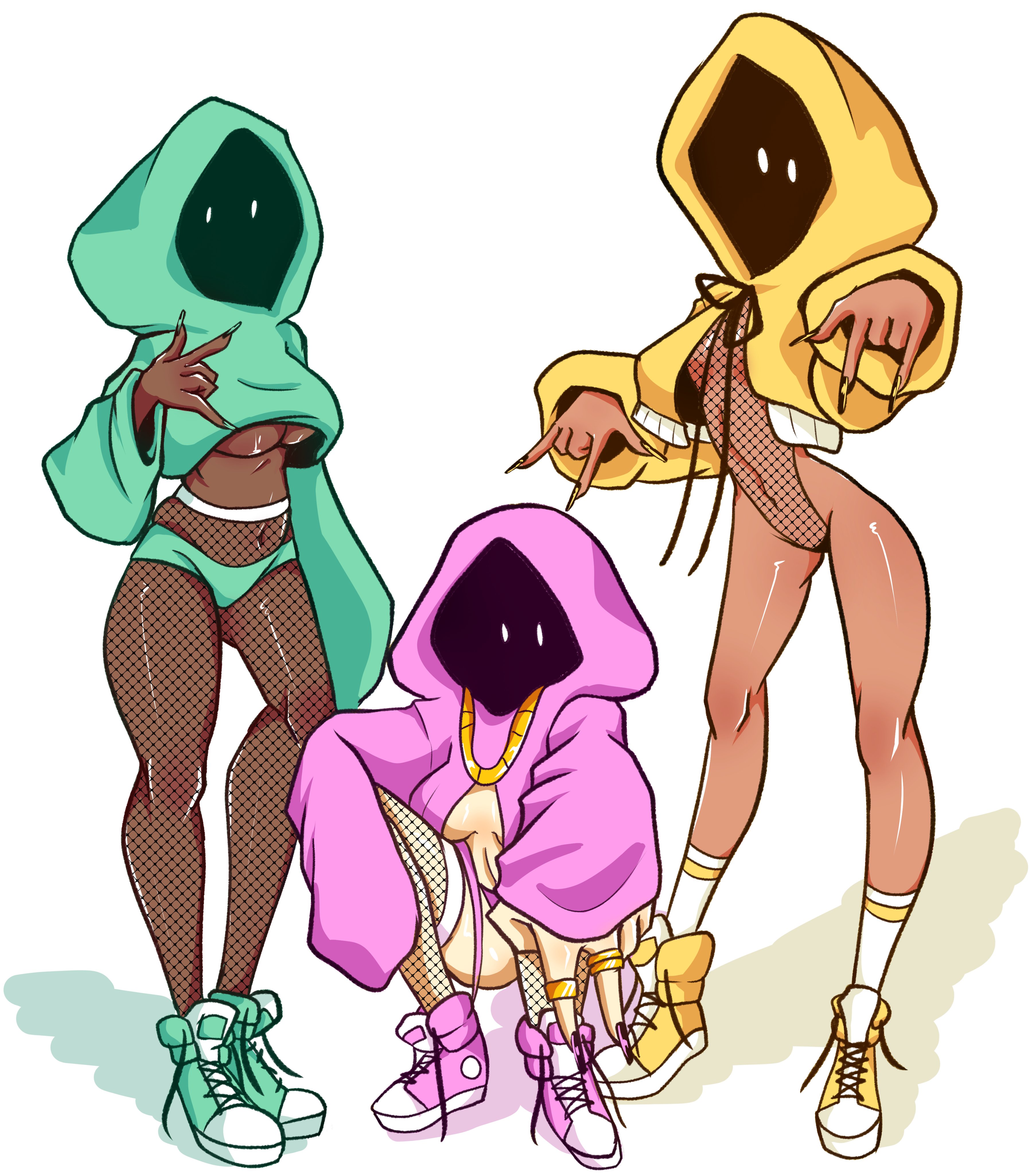 3girls, anklehighs, asian female, bare stomach, crew socks, dark skin, dark-skinned female, female, fishnet bodystocking, fishnet bodysuit, fishnet legwear, fishnet stockings, fishnet thighhighs, fishnets, golden chains, golden rings, green clothing, hidden face, hood, hood up, hoodie, light skin, light-skinned female, nail polish, nails, naked under clothes, oiled skin, panties, purple clothing, shadow wizard money gang, shiny skin, shoes, sneakers, socks, socks and shoes, sticcubus (artist), sticcy-(artist), tagme, thighhighs, white socks, yellow clothing