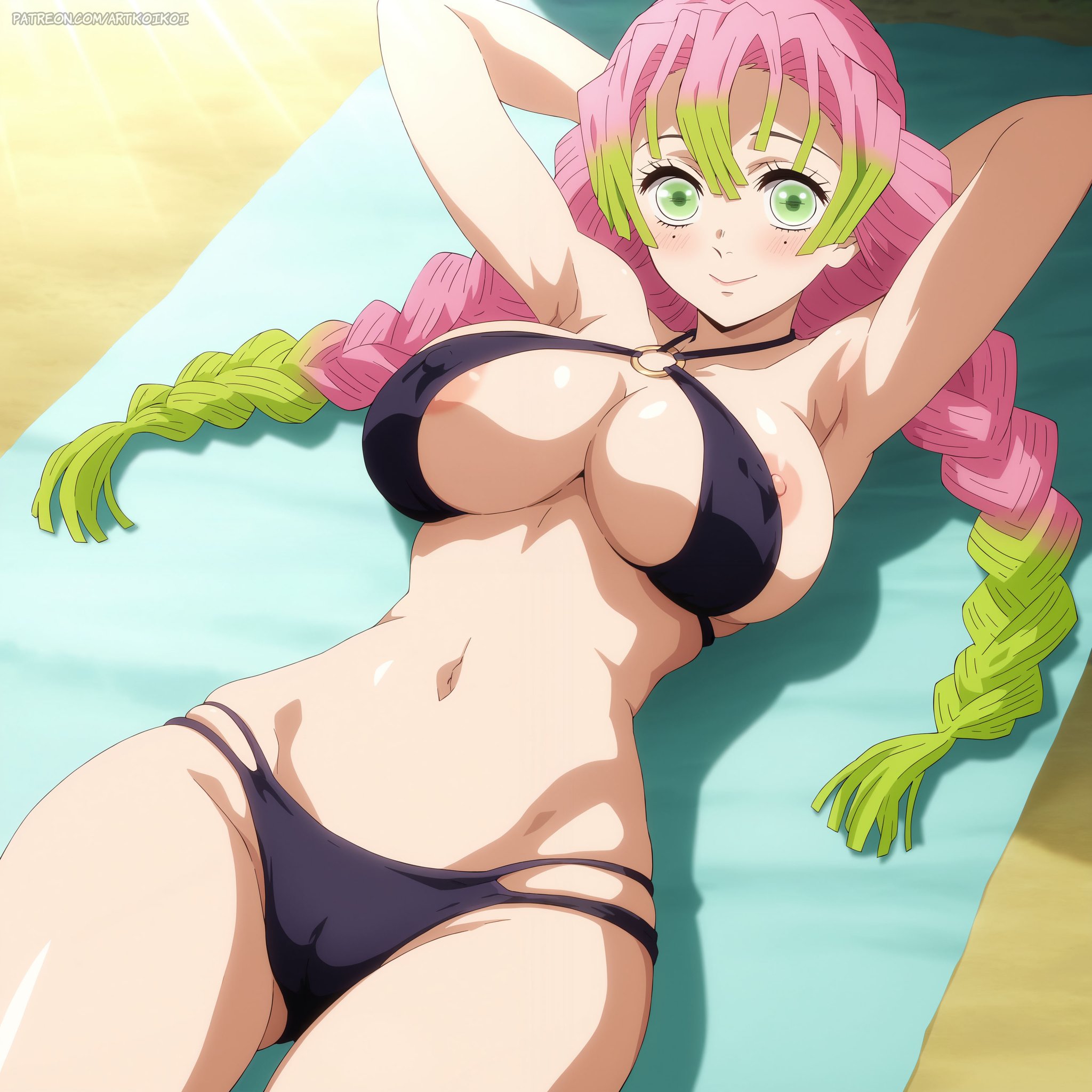 ai generated, anus, ass, beach, bikini, breasts, demon slayer, female, female only, kanroji mitsuri, kimetsu no yaiba, large breasts, mitsuri kanroji, naked, naked female, nude, nude female, pussy, smiling at viewer