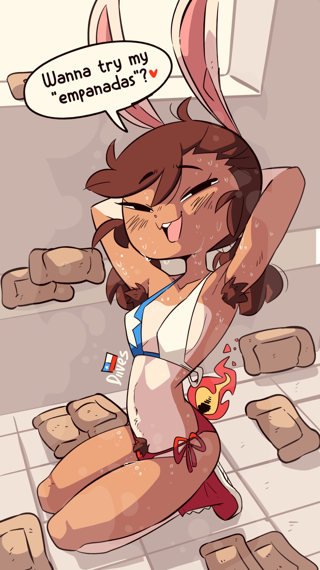 1girls, 2d, 2d (artwork), 2d artwork, armpit hair, armpits, arms up, bikini, brown hair, brown hair female, bunny, bunny ears, bunny girl, bunny tail, chelizi (diives), chilean, chilean female, dialogue, digital drawing (artwork), digital media (artwork), diives, empanada, empanadas, female, female focus, female only, fire, flat chest, flat chested, food, furry, furry female, furry only, hairy armpits, hairy pussy, halter bikini, halterneck, hands behind head, looking at viewer, non-human, pleasure face, pussy, short hair, short hair female, smile, smiling, smiling at viewer, solo, solo female, solo focus, sweat, sweatdrop, sweating, sweating female, sweaty, sweaty body, two piece swimsuit, two-tone body, two-tone fur, xingzuo temple