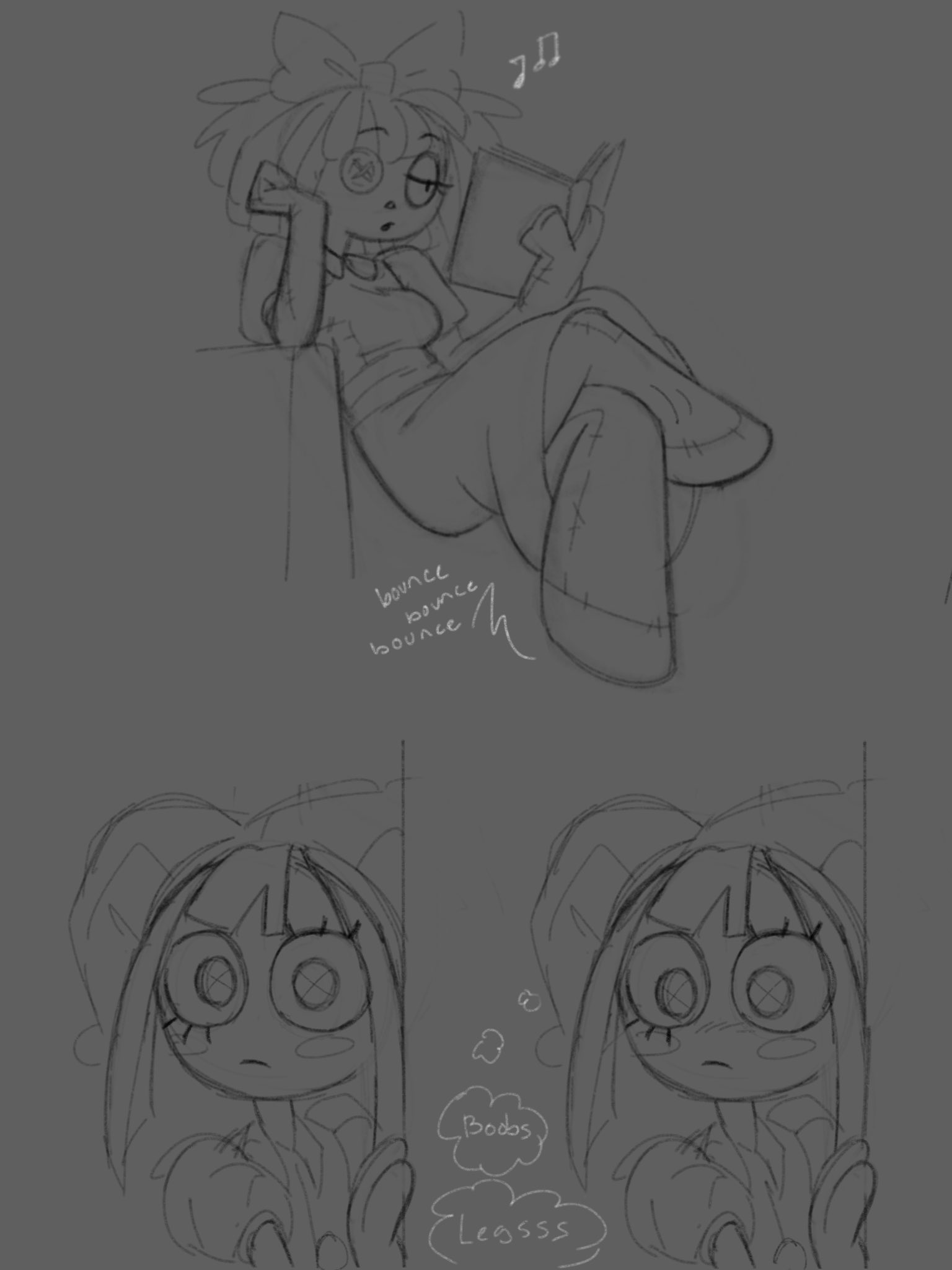 2girls, bow, button eye, comic page, female, glitch productions, grinding, grinding on leg, hunmie art, jester, pomni, pomni (tadc), pomni (the amazing digital circus), ragatha, ragatha (tadc), ragatha (the amazing digital circus), ragdoll, reading book, romantic, the amazing digital circus, wholesome, yuri