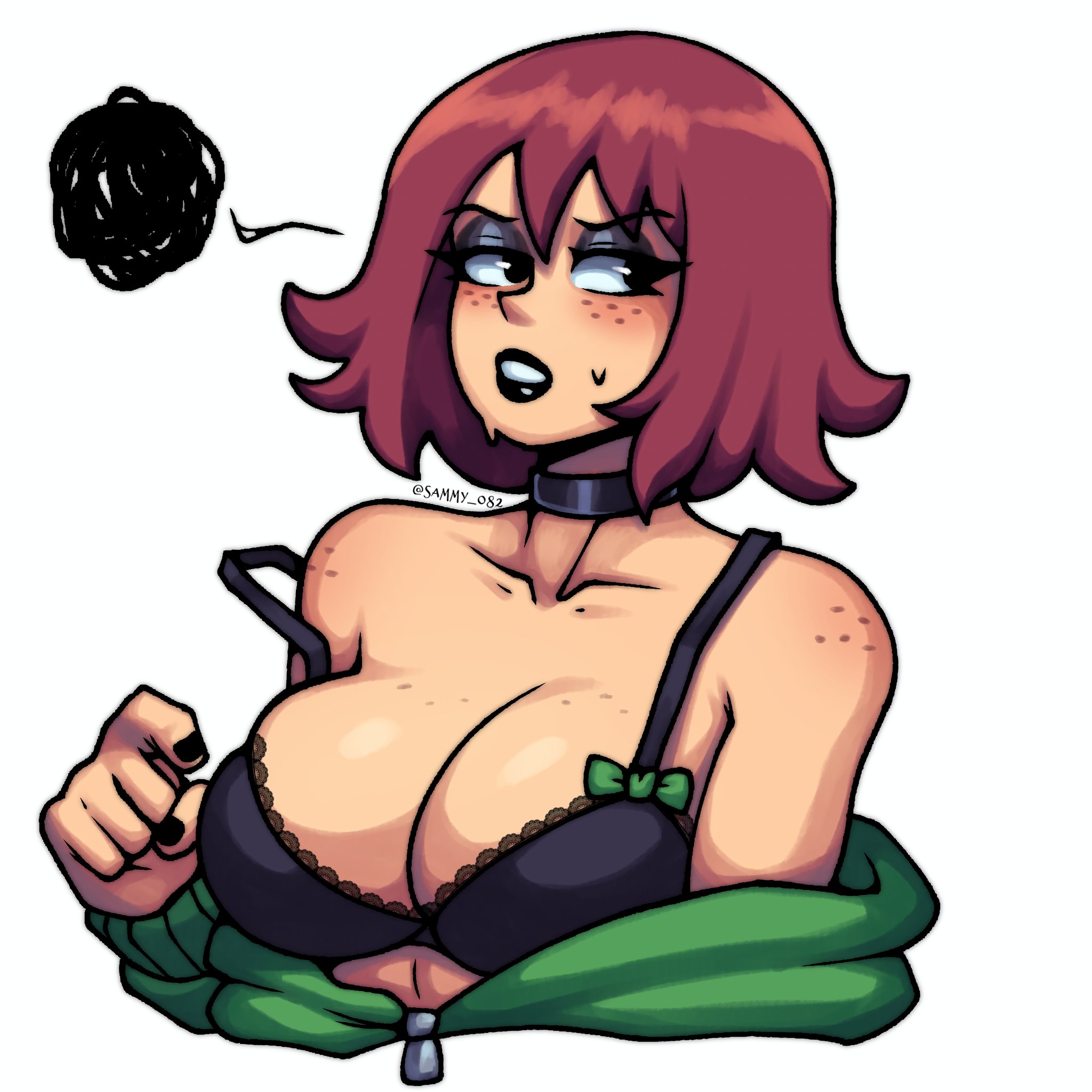 1girl, 1girls, artist name, big boobs, big breasts, black bra, black choker, black eyes, black eyes female, black eyeshadow, black lipstick, black nails, blush, boobs, bow, bra, breasts, breasts out, breasts out of clothes, choker, cleavage, clothed, collar, eyelashes, eyeshadow, female, female focus, female only, freckles, freckles on breasts, freckles on face, freckles on shoulders, green jacket, jacket, jacket off shoulders, jacket only, jacket open, kim pine, lipstick, looking away, looking away from viewer, nail polish, open clothes, open jacket, red hair, red hair female, redhead, redhead female, redraw, sammy 082, scott pilgrim, scott pilgrim takes off, short hair, short hair female, simple background, solo, solo female, strap slip, sweat, sweatdrop, tits, white background