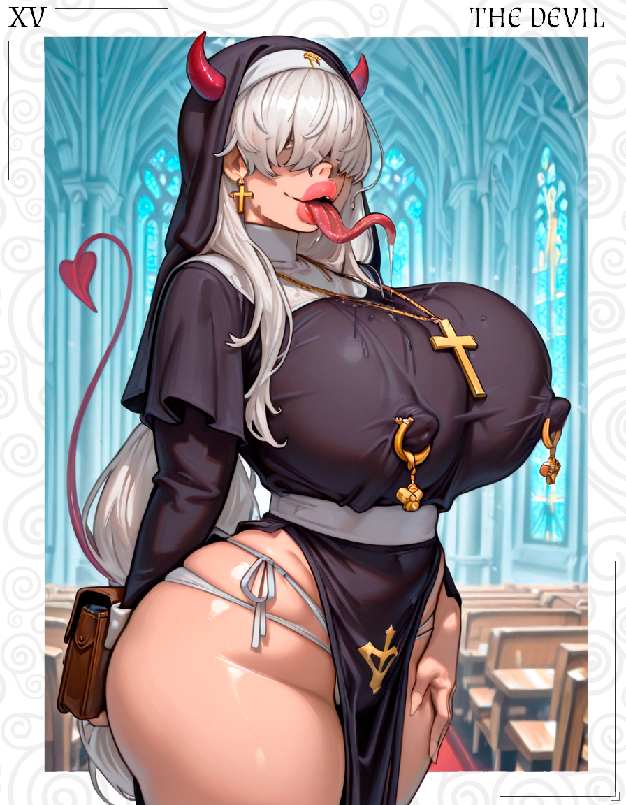 ai generated, bare thighs, big ass, big breasts, big nipples, bimbo, bimbo body, bimbo lips, bimbofication, breasts, bubble butt, church, corruption, curvy, curvy body, curvy female, curvy figure, curvy hips, demon girl, excessive saliva, female, female only, hair over eyes, hand on thigh, holy, huge breasts, long hair, massive breasts, mature female, milf, mommy, nipple piercing, nipple rings, nun, nun outfit, original, original character, panties, pierced nipples, saliva, saliva drip, slim waist, smile, starlightnex, succubus, succubus horns, succubus tail, tarot, the harlot (starlightnex), thick, thick ass, thick hips, thick legs, thick lips, thick thighs, thick tongue, thigh highs, thighhighs, thighs, tongue out, wide hips