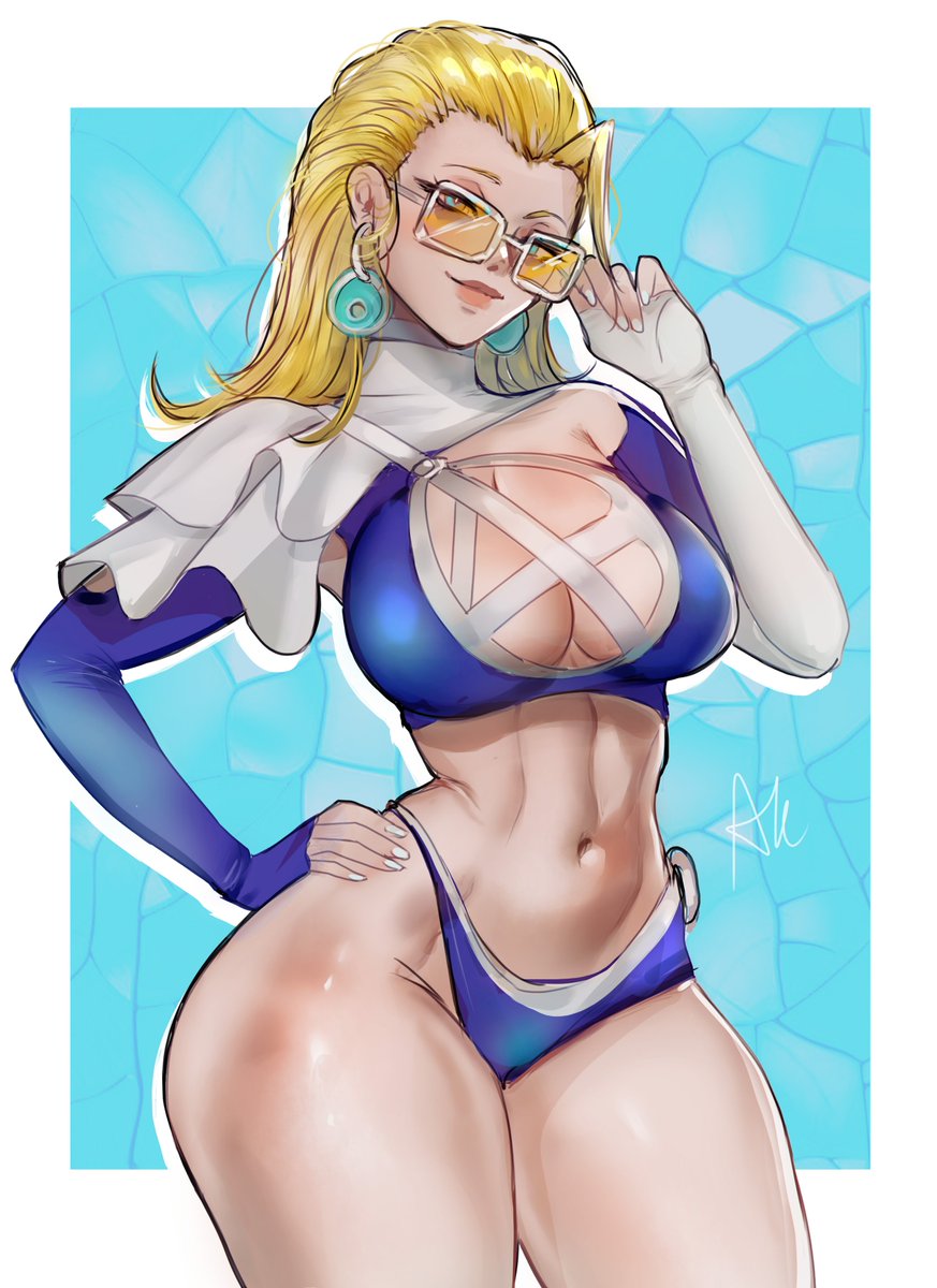 1girls, arialla draws, blonde female, blonde hair, blue eyes, blue swimwear, breasts, fantastic four, female, invisible woman, invisible woman (azure shade), invisible woman (marvel rivals), long hair, marvel, marvel comics, marvel rivals, sue richards, sue storm, sunglasses, swimsuit, thighs