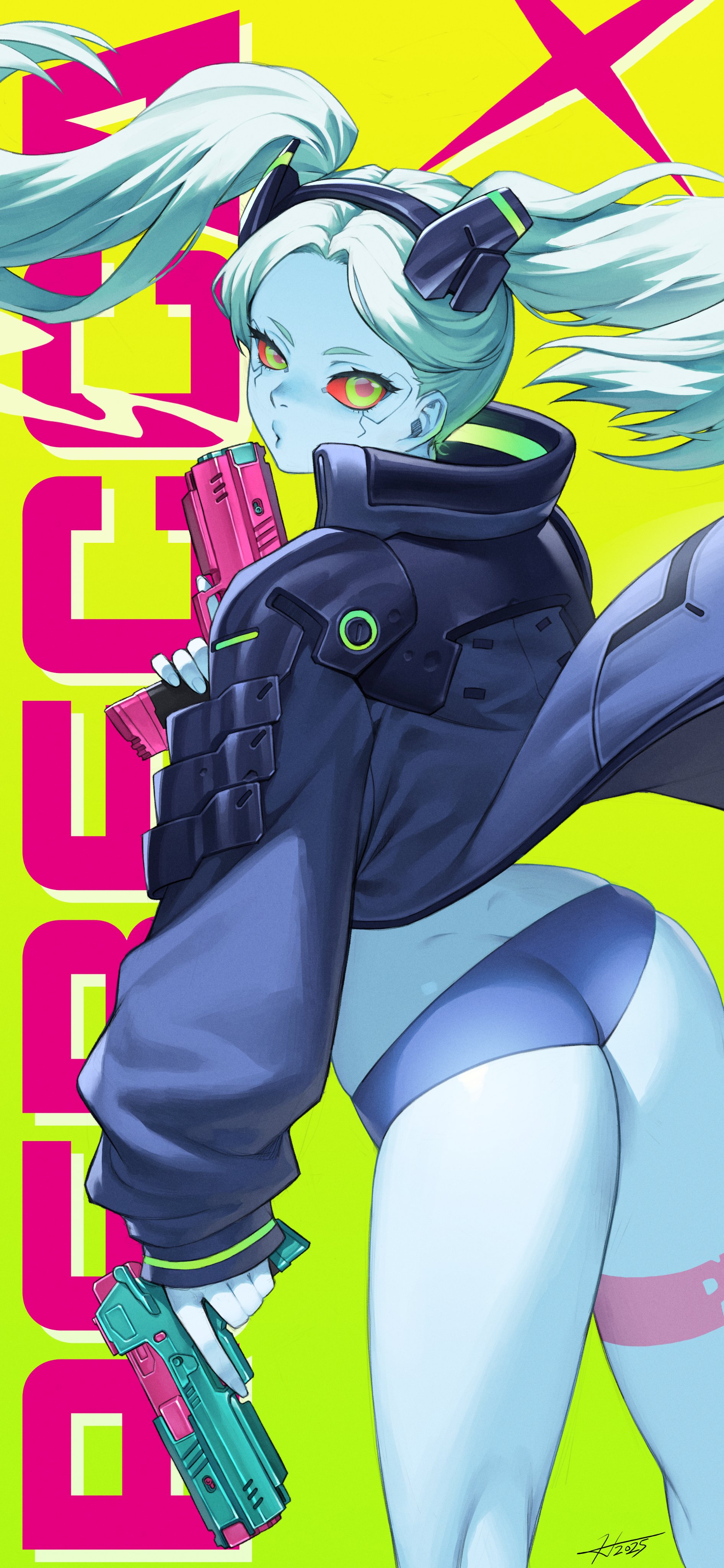 2025, absurdres, artificial eye, ass, black jacket, blowing smoke, blue panties, character name, clothing, colored sclera, colored skin, commentary, cyborg, dimples of venus, dual wielding, english commentary, feet out of frame, female, female only, firearm, floating clothes, floating hair, gradient background, green hair, gun, handgun, headgear, hichi, hichi (an hee-chul), highres, holding, holding gun, holding weapon, human, jacket, leg tattoo, long hair, long sleeves, looking at viewer, mechanical eye, outerwear, pale skin, panties, parted lips, pink tattoo, puffy long sleeves, puffy sleeves, rebecca (edgerunners), red pupils, red sclera, samurai jacket (cyberpunk), short eyebrows, signature, smoke, smoking barrel, solo, standing, tattoo, trigger discipline, twintails, underwear, uneven eyes, weapon, yellow background