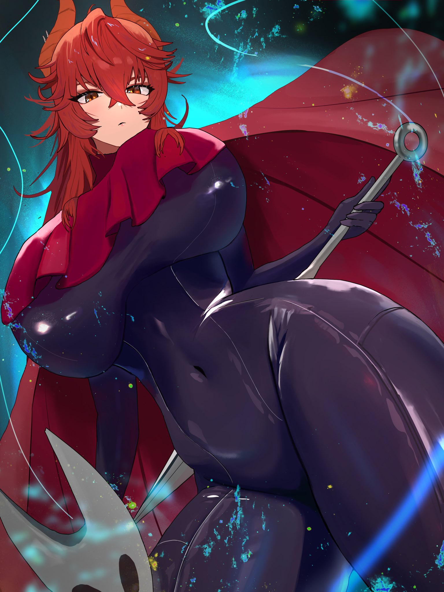 arata@, black bodysuit, bodysuit, breasts, cape, cloak, cosplay, curvy, dragon girl, dragon horns, female, highres, holding, holding weapon, hollow knight, hollow knight: silksong, hornet (hollow knight) (cosplay), horns, large breasts, long hair, looking at viewer, mask, navel line, needle (hollow knight), red cloak, red hair, thick thighs, thighs, virtual youtuber, weapon, yellow eyes, zentreya