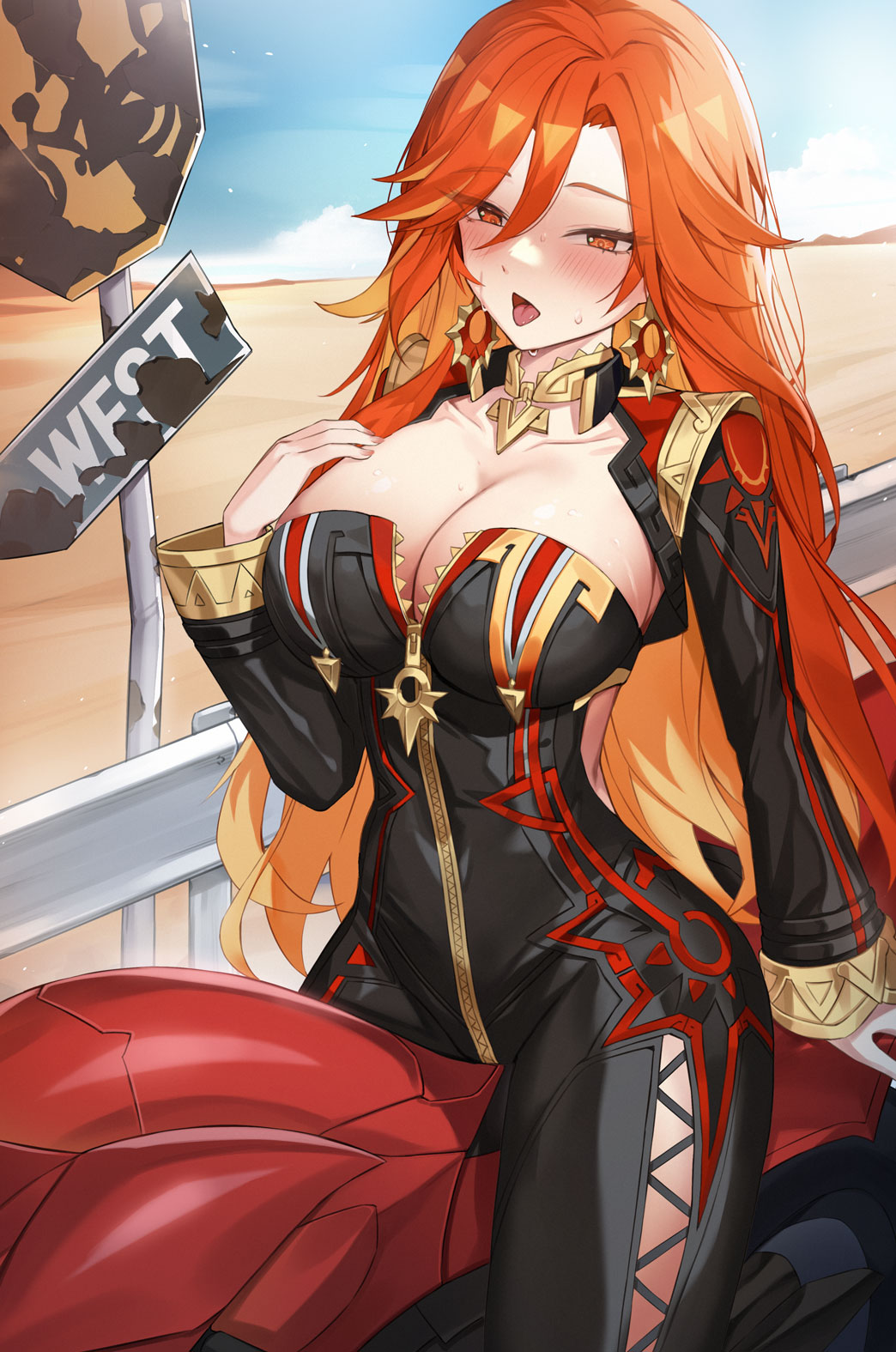 ahoge, biker clothes, bikesuit, black bodysuit, blonde hair, bodysuit, breasts, cleavage, desert, earrings, female, female only, flamestrider (genshin impact), genshin impact, guard rail, highres, jewelry, large breasts, long hair, long sleeves, looking at viewer, masai, mavuika (genshin impact), motor vehicle, motorcycle, multicolored hair, on motorcycle, orange eyes, orange hair, orange pupils, red hair, signpost, solo, strapless bodysuit, sun earrings, two-tone hair, very long hair