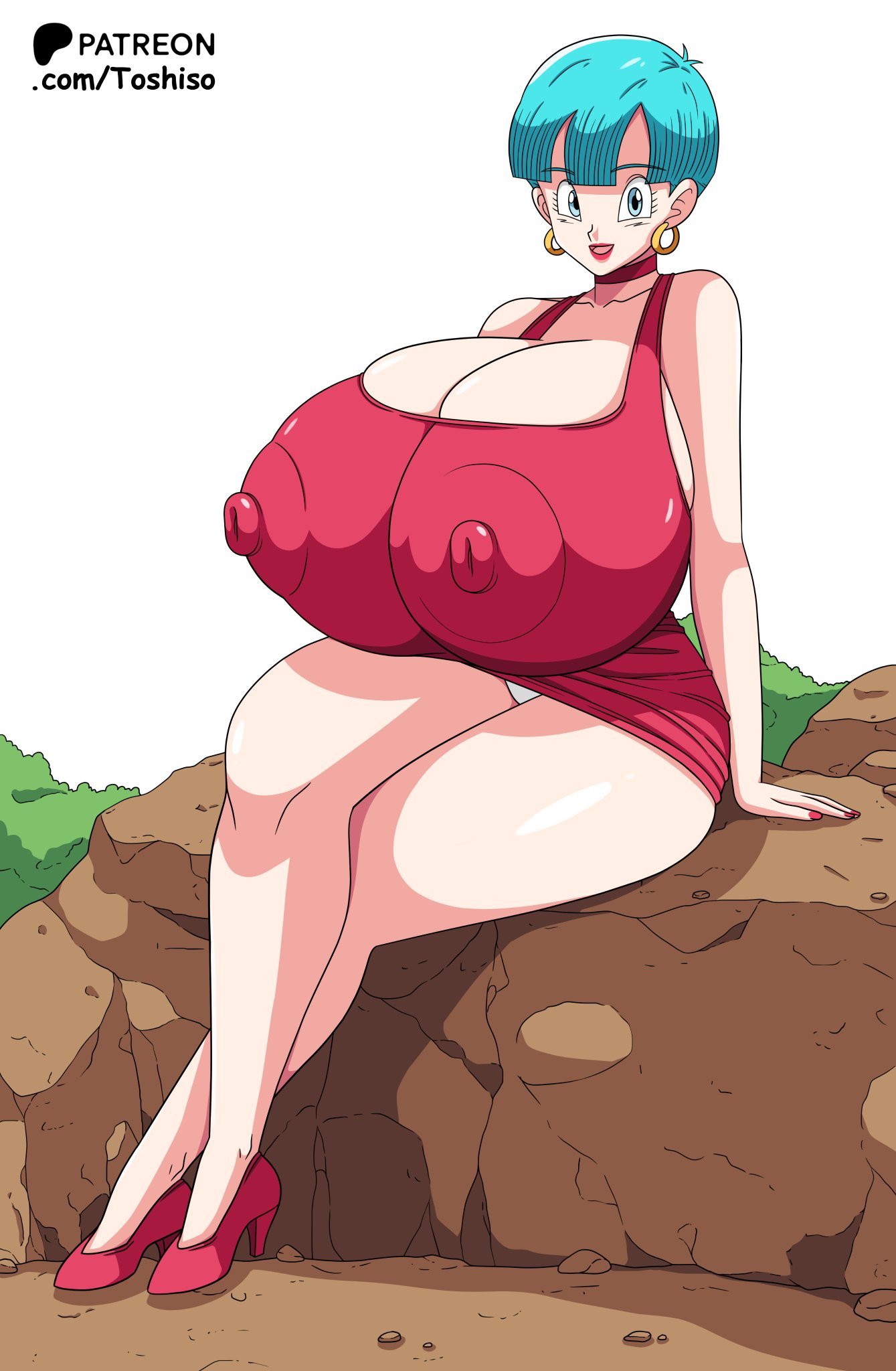 big ass, big breasts, big nipples, blue hair, breasts, bulma, bulma (dragon ball), bulma briefs, dragon ball, dragon ball super, dragon ball z, excessive breast, female, huge ass, huge breasts, huge nipples, hyper, hyper breasts, lipstick, nipples, red clothing, red lipstick, sitting, smile, thick thighs, toshiso