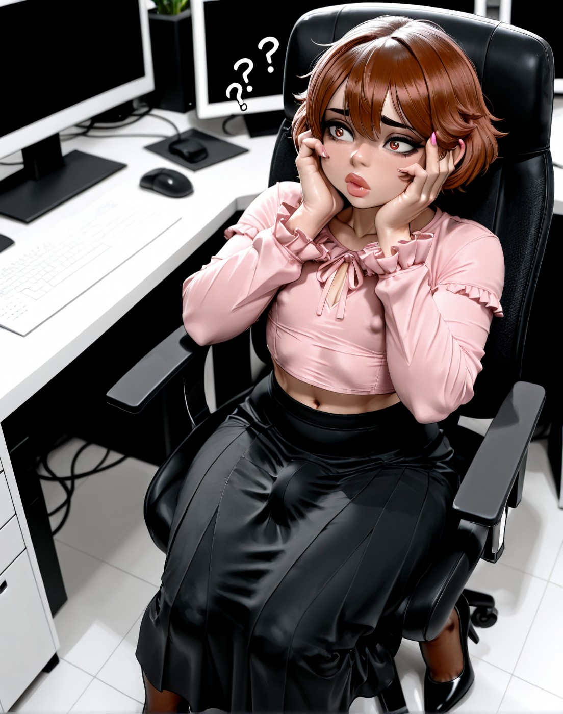 1boy, ai generated, androgynous, brown eyes, brown hair, bulge, bulge through clothing, confused, covered nipples, cropped shirt, crossdressing, femboy, feminine male, feminization, flat chest, frills, girly, large ass, large thighs, light-skinned male, male, malesub, nail polish, office, short hair, simple background, sissification, sissy, sitting, skirt, skyaiart, solo, stockings, thick thighs, transformation