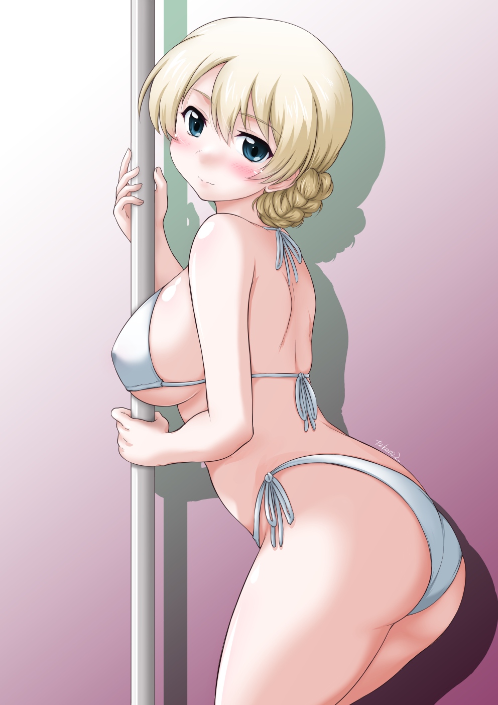 1girls, artist name, ass, big ass, big breasts, bikini, blonde hair, blue eyes, blush, braid, braided bun, breasts, busty, darjeeling, fat ass, female, female only, from side, girls und panzer, hair bun, highres, huge ass, large breasts, legs, looking at viewer, pole, pole dancing, schoolgirl, sensual, sexy, side-tie bikini bottom, sideboob, smile, solo, swimsuit, thighs, voluptuous, white bikini, yts takana