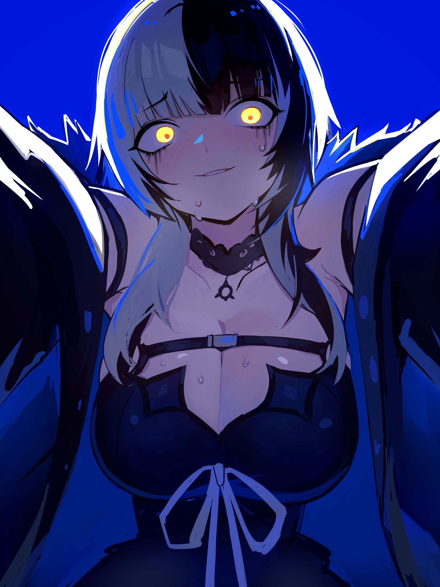 black choker, black dress, black hair, black jacket, blue background, blunt bangs, breasts, chest strap, choker, cleavage, commentary, distr, dress, english commentary, female, female only, fur trim, fur-trimmed jacket, glowing, glowing eyes, hair over shoulder, hands out of frame, highres, hololive, hololive english, hololive english -advent-, jacket, large breasts, long hair, makeup, multicolored hair, open clothes, open jacket, outstretched arms, paid reward available, parted lips, reaching, reaching towards viewer, runny makeup, shiori novella, shiori novella (1st costume), solo, split-color hair, sweat, upper body, virtual youtuber, white hair, yellow eyes