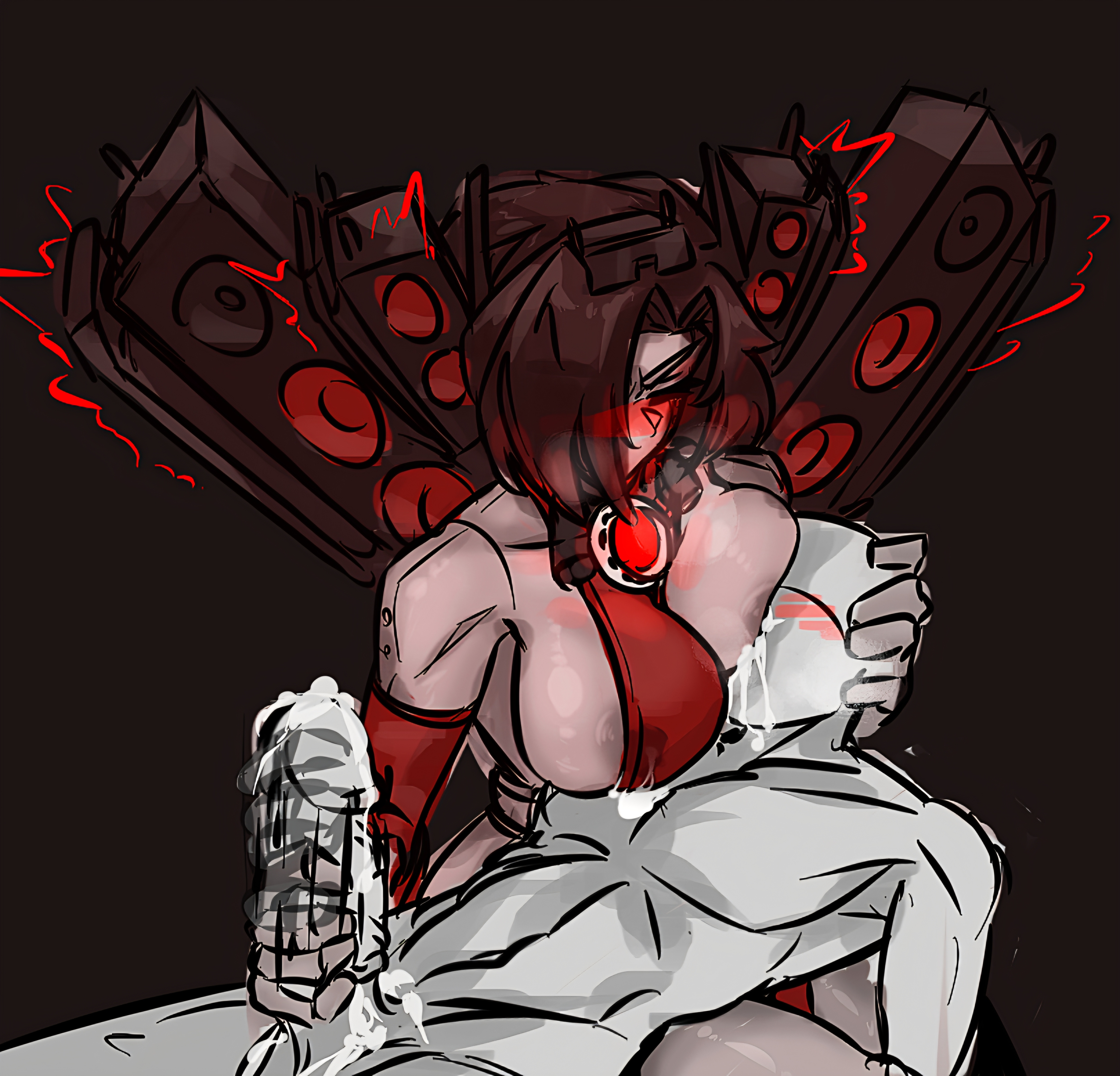 angry, angry expression, asazaz12 nsfw (artist), blush, breasts, cum, cum in hand, female, huge breasts, masturbating, masturbating during cunnilingus, masturbation, milking breasts, milking handjob, rule 63, sitting, skibidi toilet, sucking, sucking breasts, sucking breasts milk, titan speaker woman, titan speakerman, titan speakerman (skibidi toilet), titan speakerwoman (skibidi toilet)